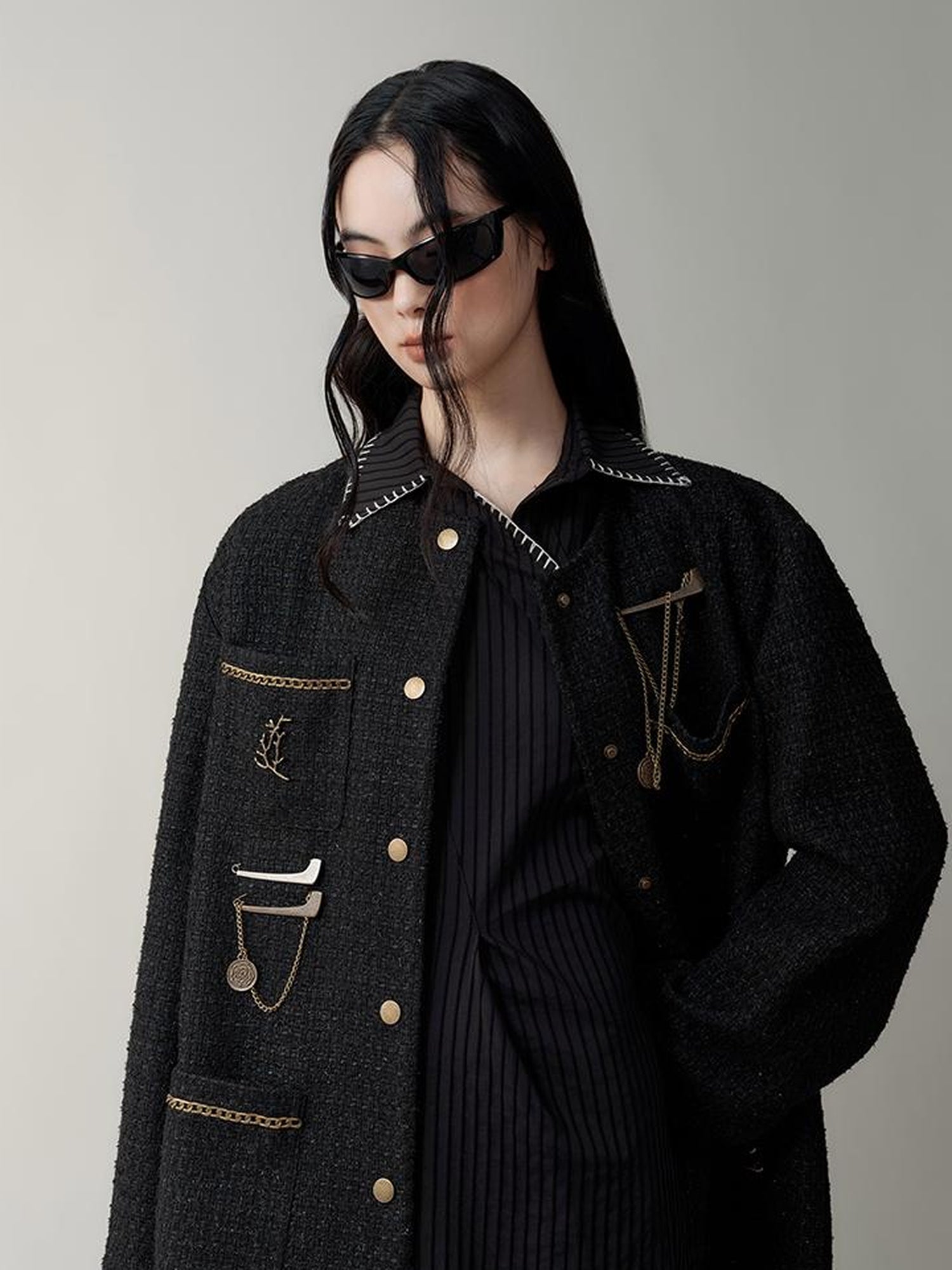 AnnoMundi Textured Tweed Oversized Blazer With Metallic Accents