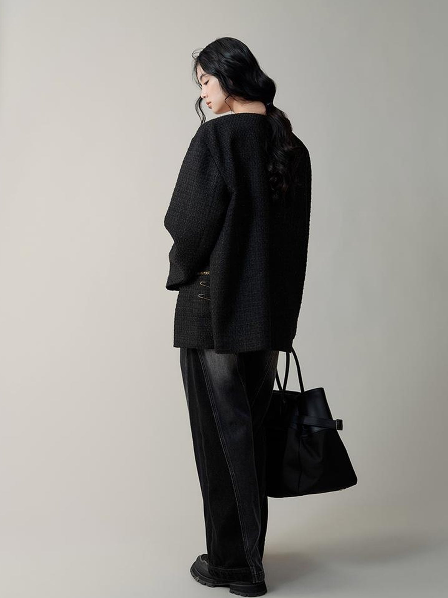 AnnoMundi Textured Tweed Oversized Blazer With Metallic Accents
