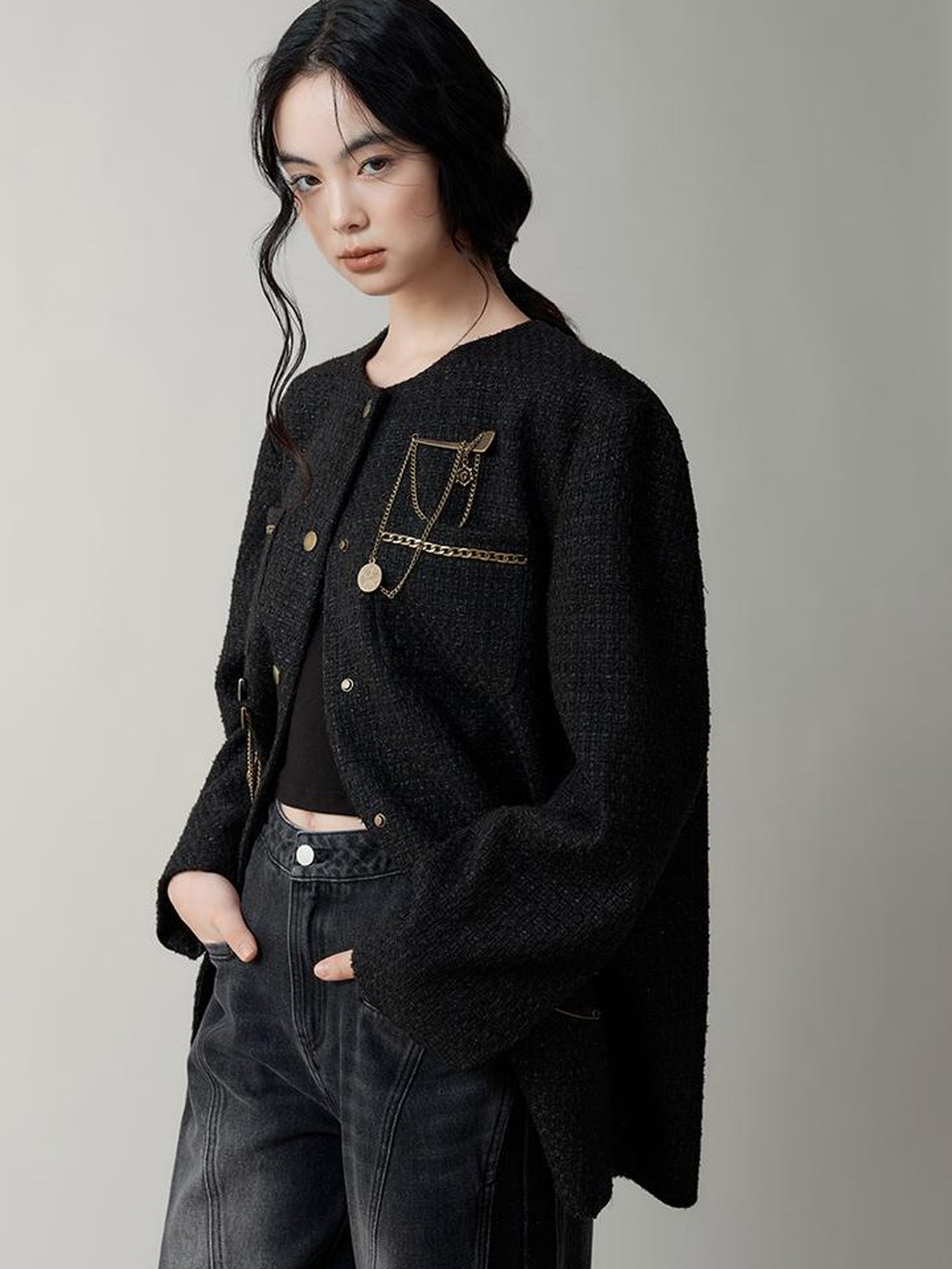 AnnoMundi Textured Tweed Oversized Blazer With Metallic Accents