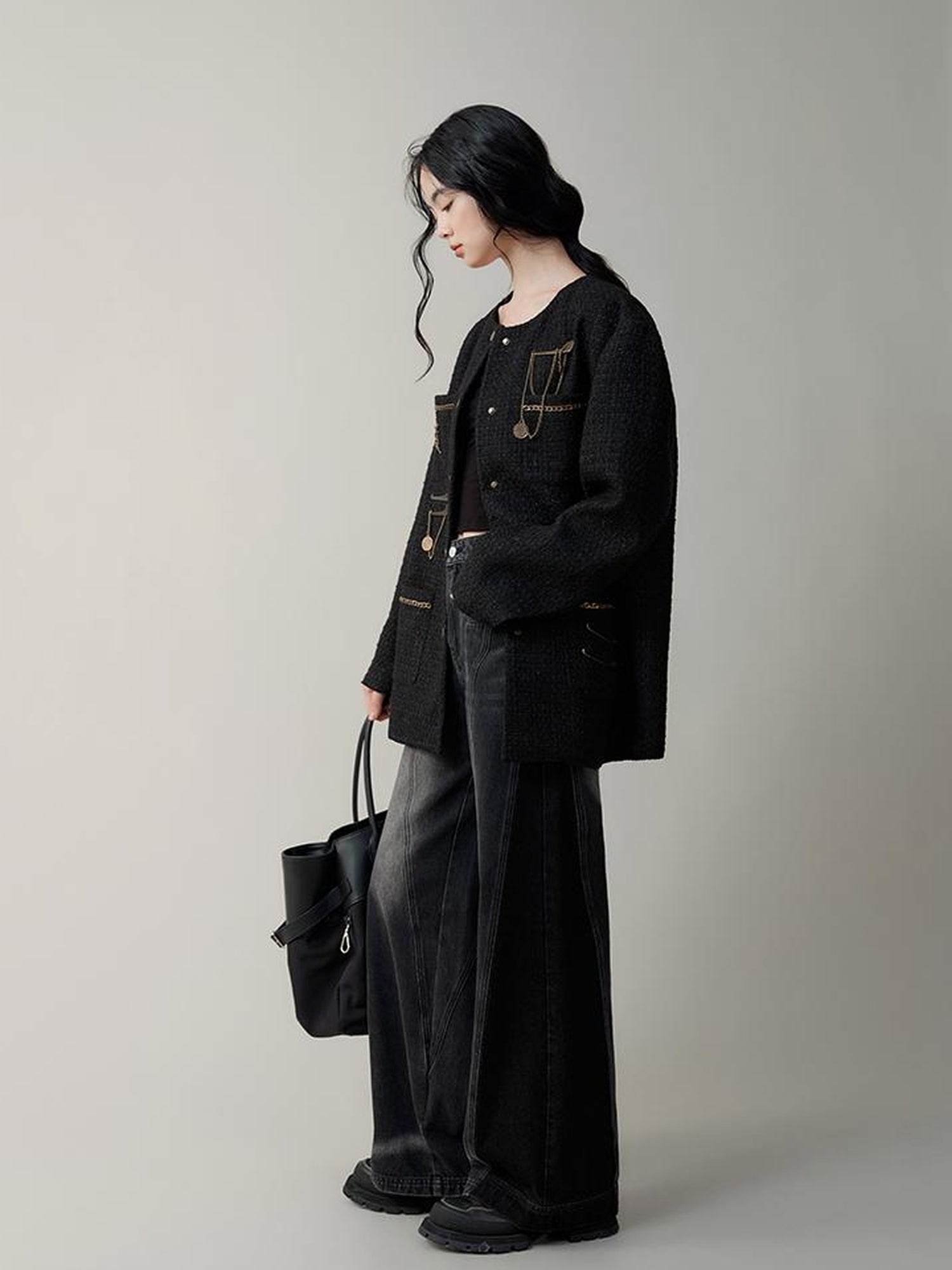 AnnoMundi Textured Tweed Oversized Blazer With Metallic Accents