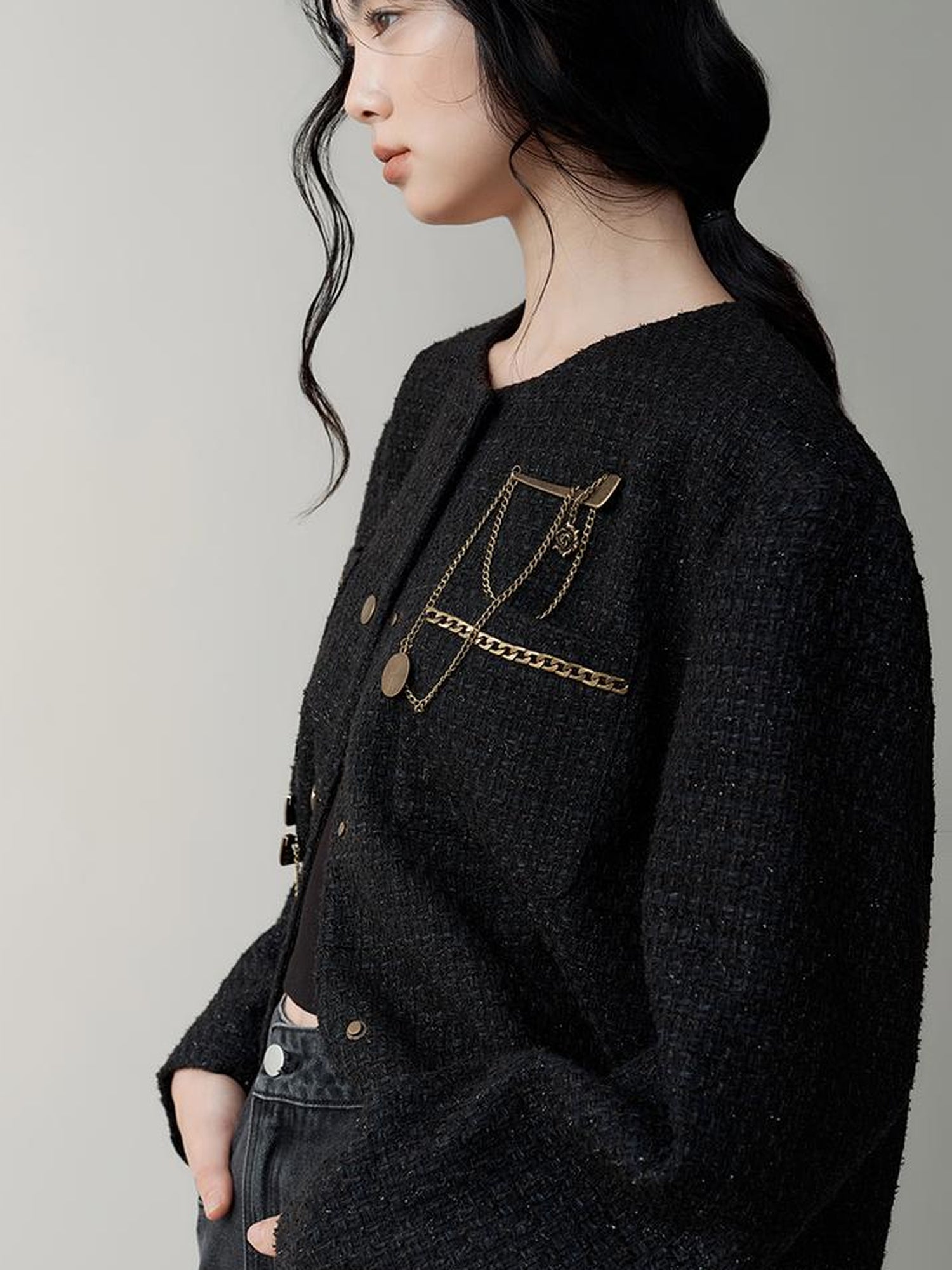 AnnoMundi Textured Tweed Oversized Blazer With Metallic Accents