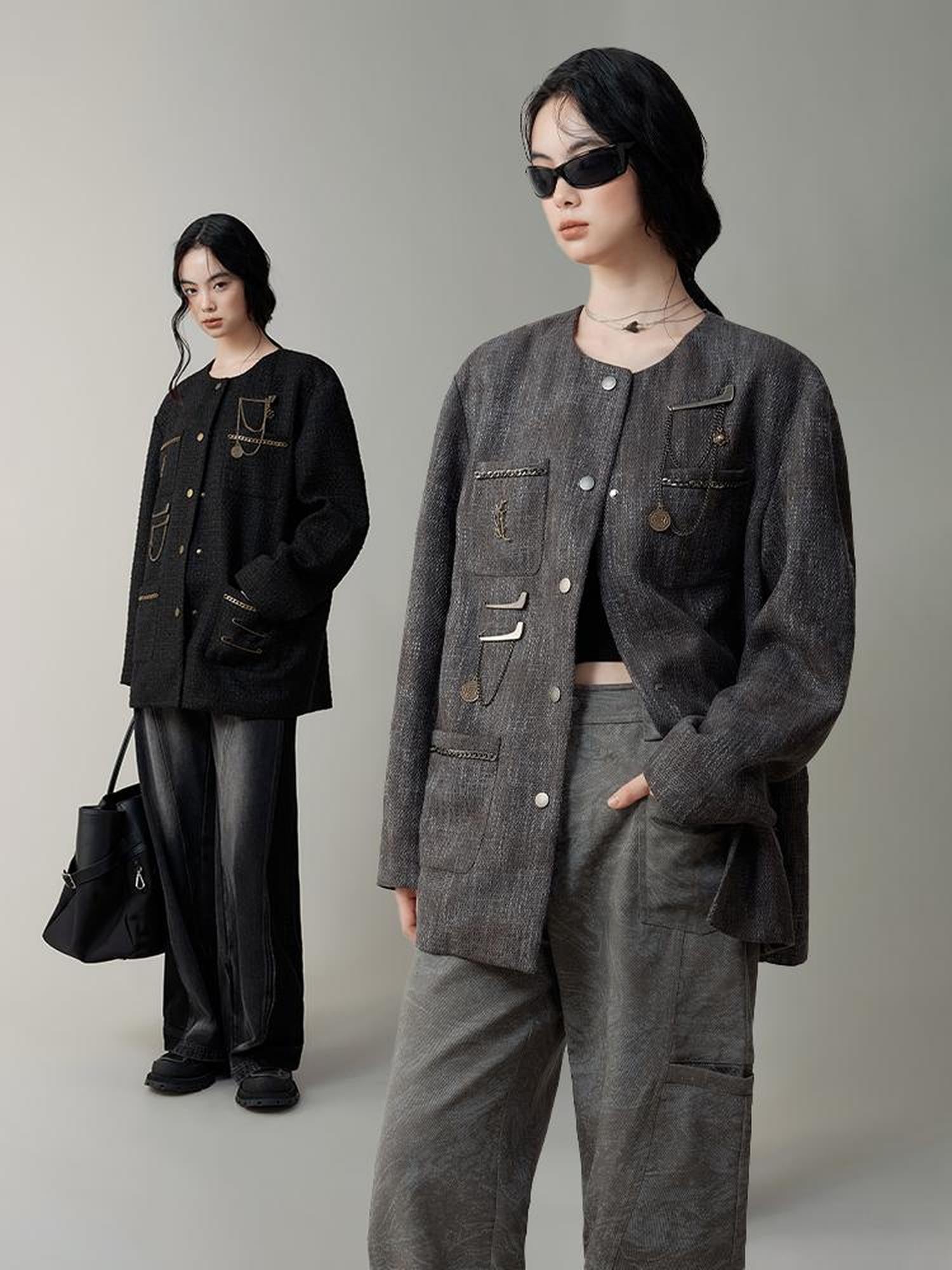 AnnoMundi Textured Tweed Oversized Blazer With Metallic Accents