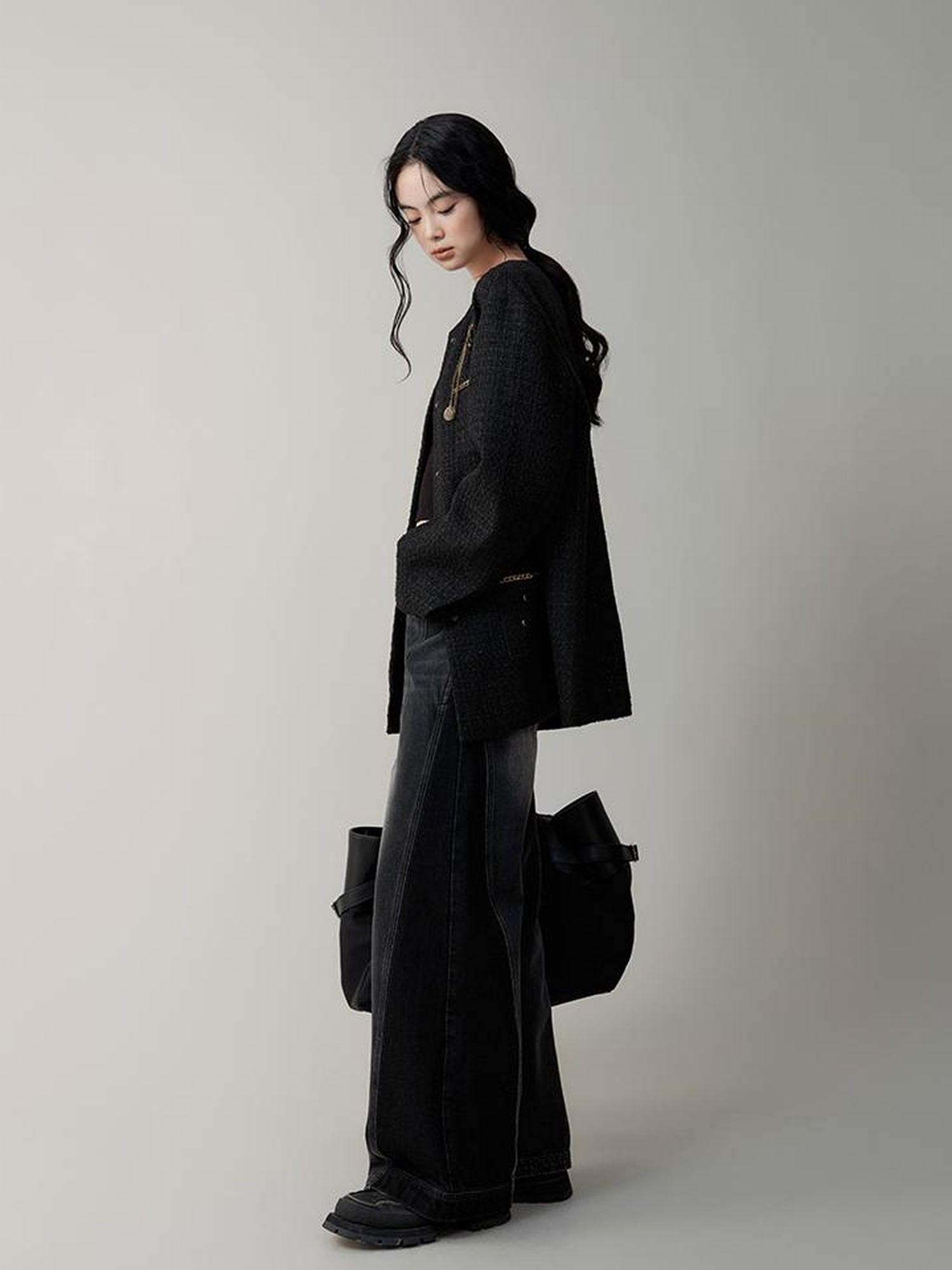 AnnoMundi Textured Tweed Oversized Blazer With Metallic Accents