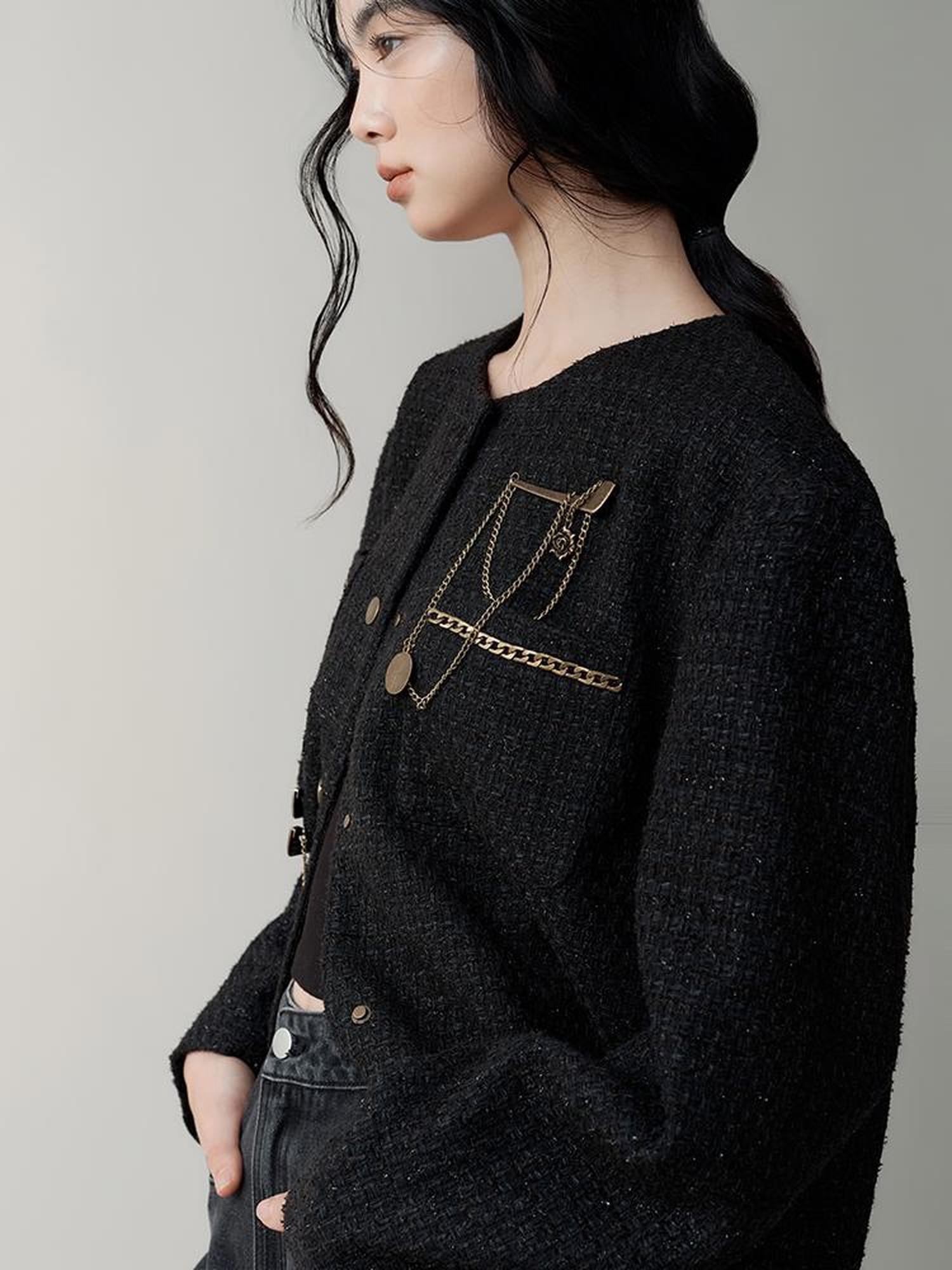 AnnoMundi Textured Tweed Oversized Blazer With Metallic Accents