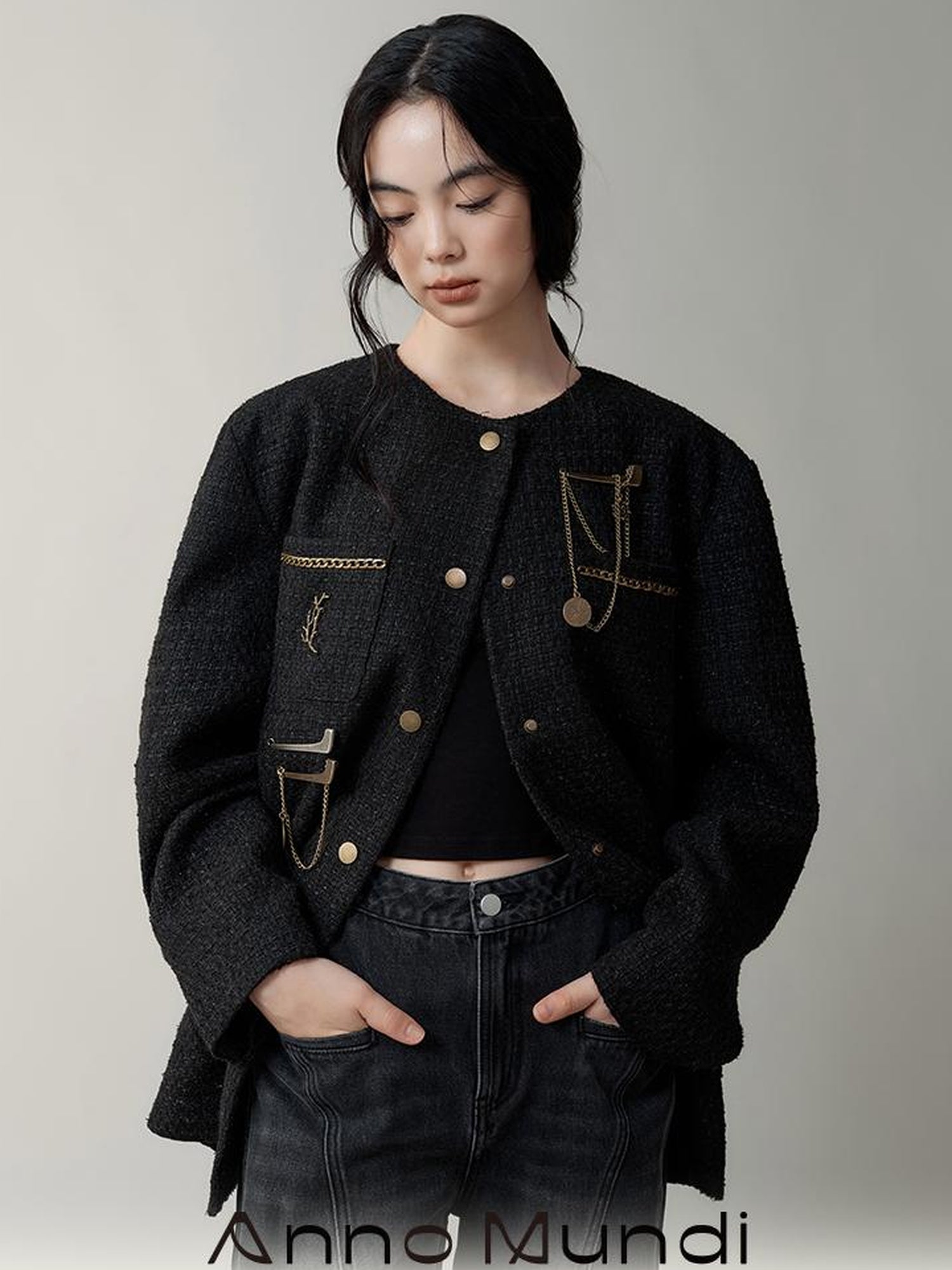 AnnoMundi Textured Tweed Oversized Blazer With Metallic Accents