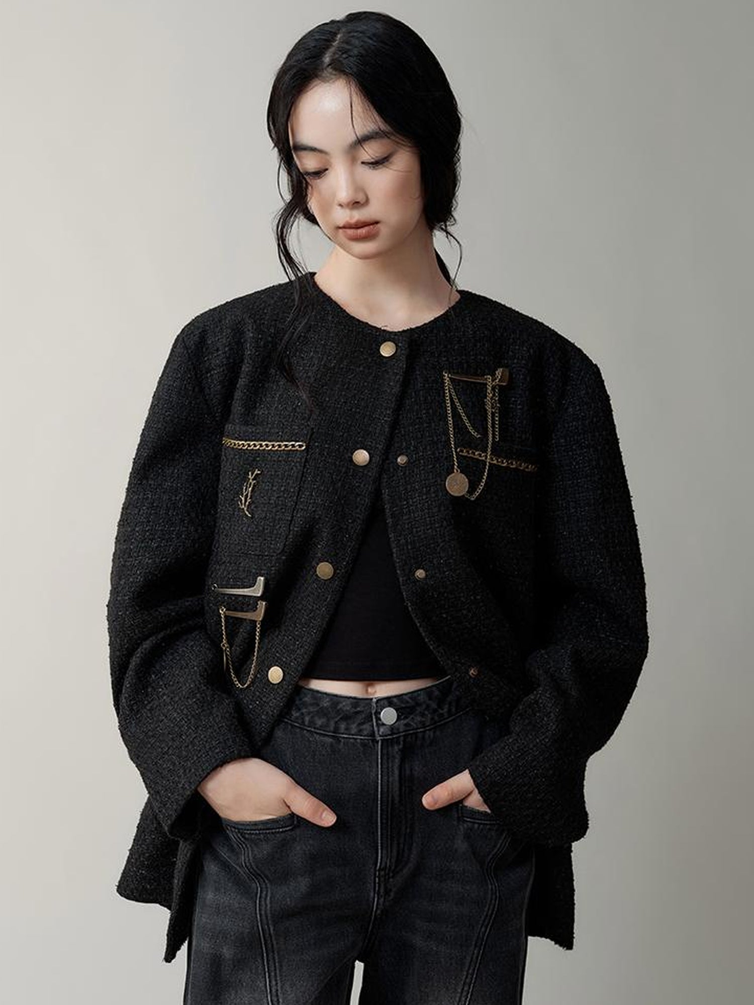 AnnoMundi Textured Tweed Oversized Blazer With Metallic Accents