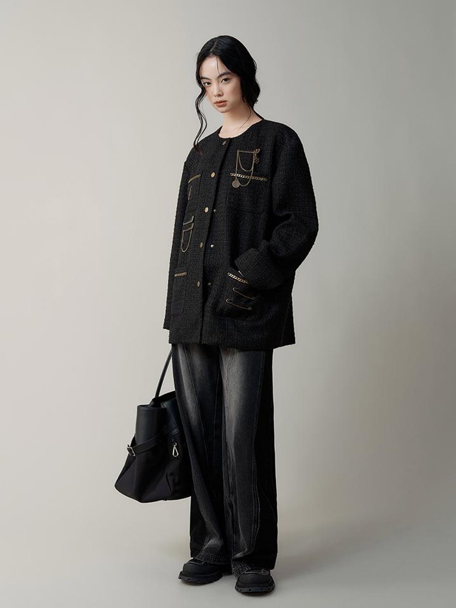 AnnoMundi Textured Tweed Oversized Blazer With Metallic Accents