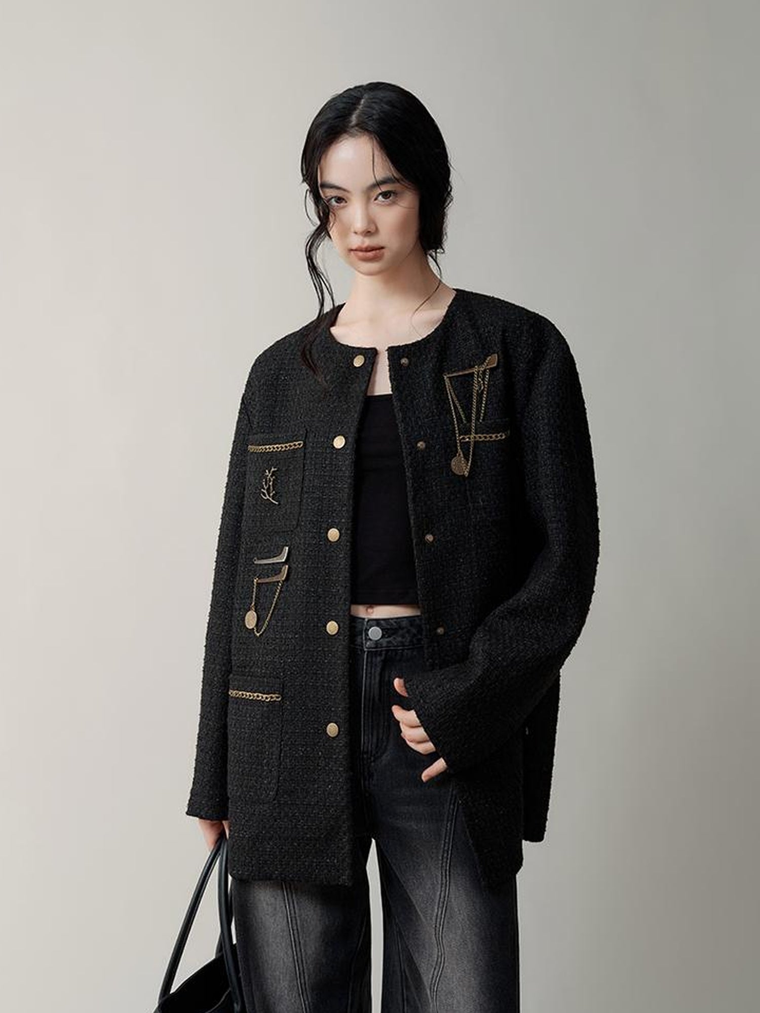 AnnoMundi Textured Tweed Oversized Blazer With Metallic Accents