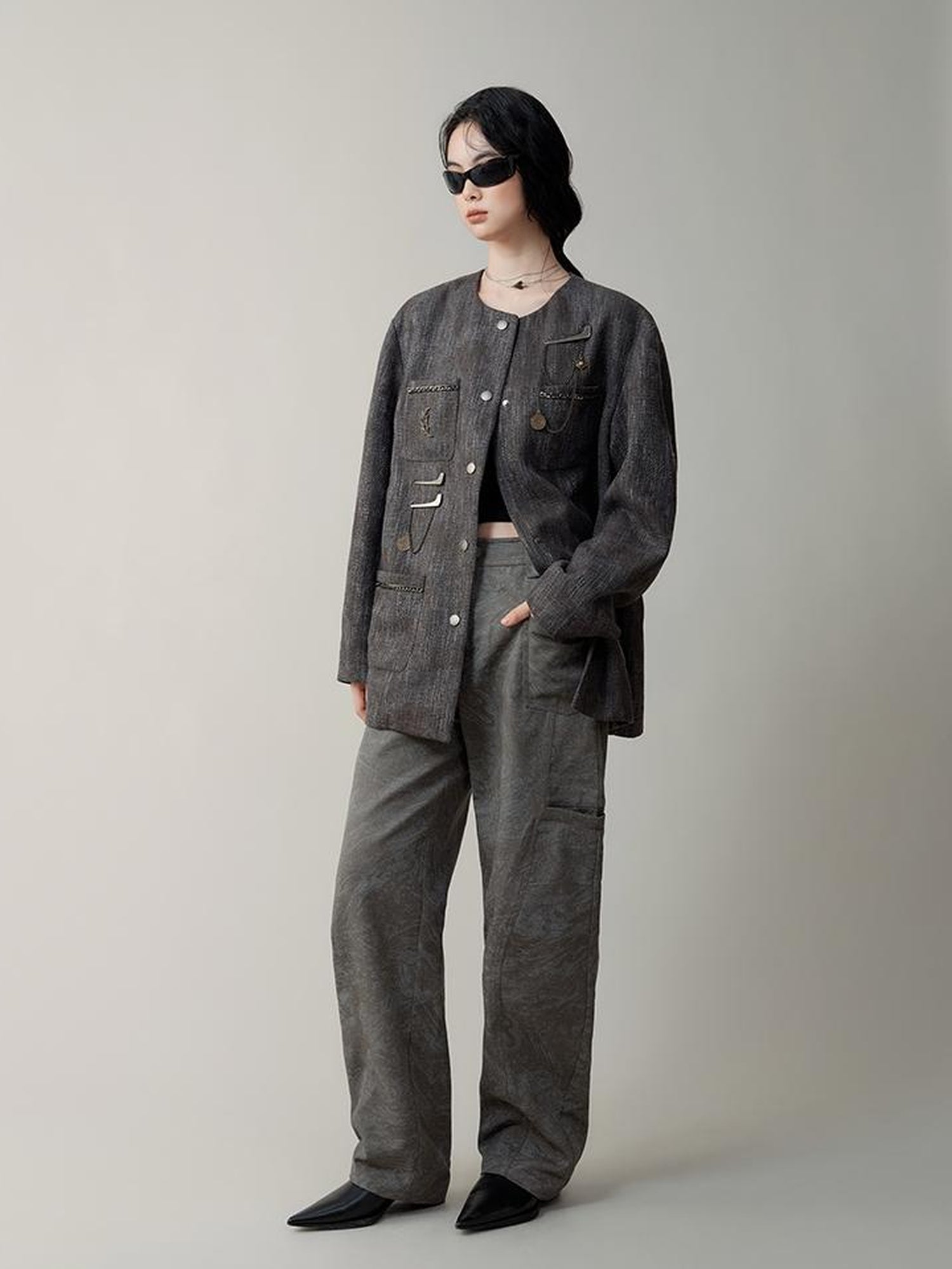 AnnoMundi Textured Tweed Oversized Blazer With Metallic Accents