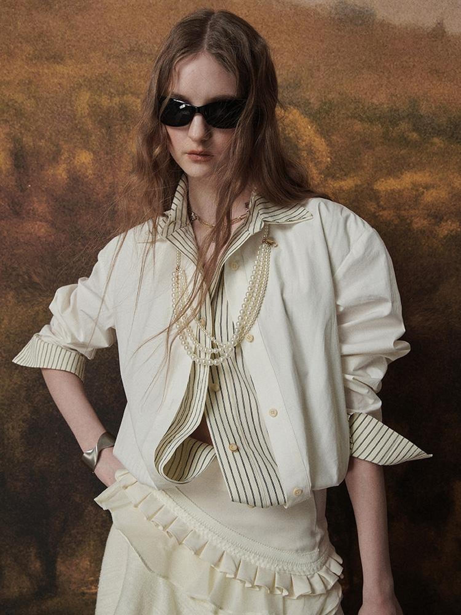 AnnoMundi Textured Weave Bauhaus Blouse V-Neck T-Shirt Long Sleeve