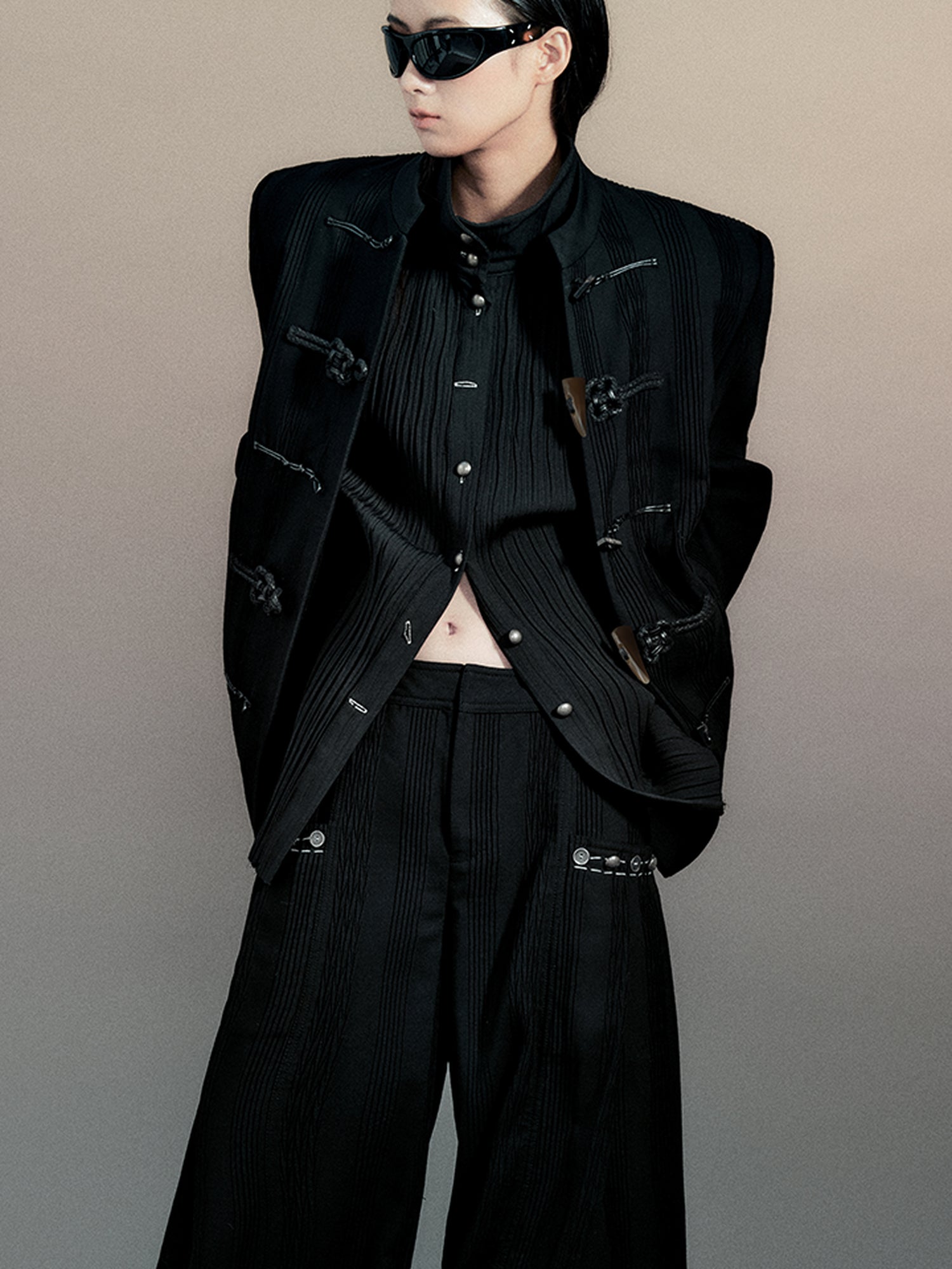 AnnoMundi Textured Willow Leaf Fold Jacket V Neck T Shirt Long Sleeve