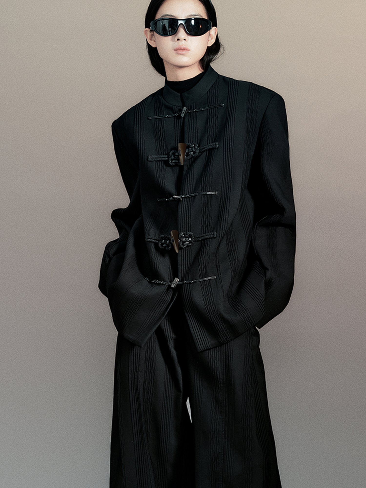 AnnoMundi Textured Willow Leaf Fold Jacket V Neck T Shirt Long Sleeve