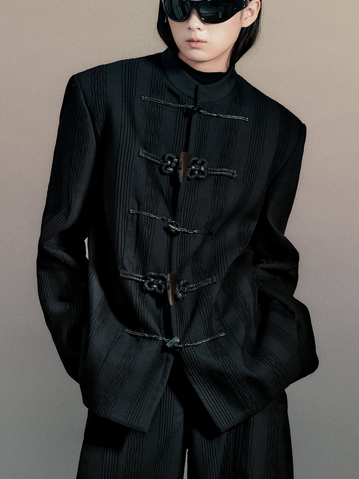 AnnoMundi Textured Willow Leaf Fold Jacket V Neck T Shirt Long Sleeve