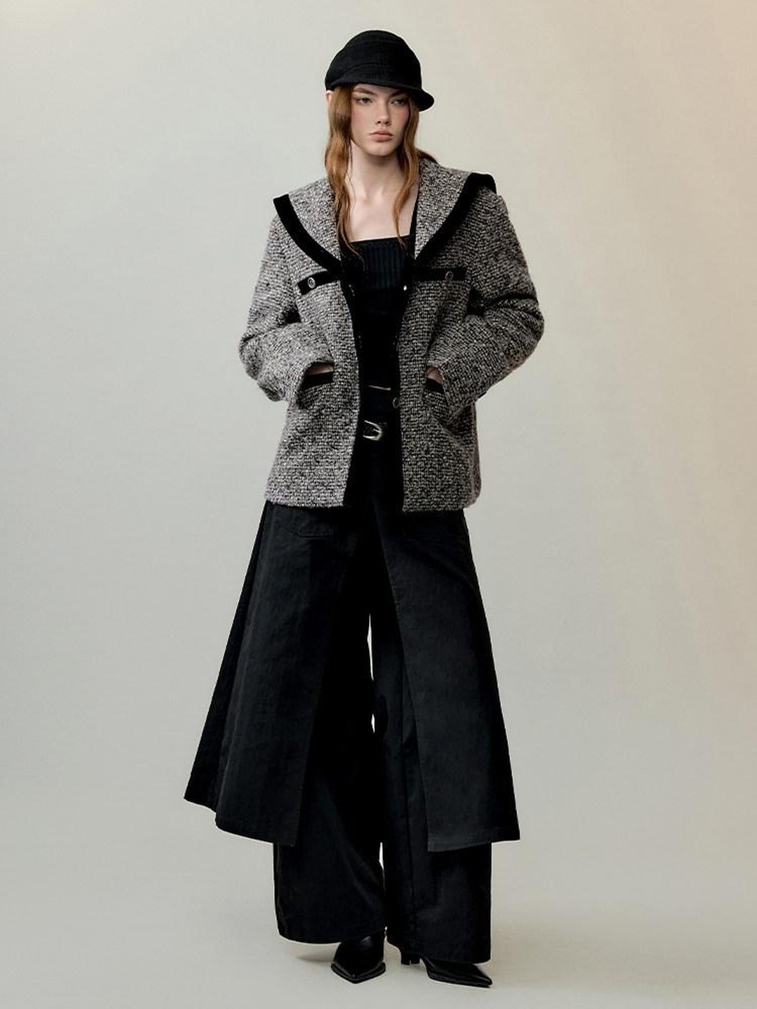 AnnoMundi Thick Wool Blend Relaxed Commuter Sailor Collar Mid Length Gray For Women Jacket