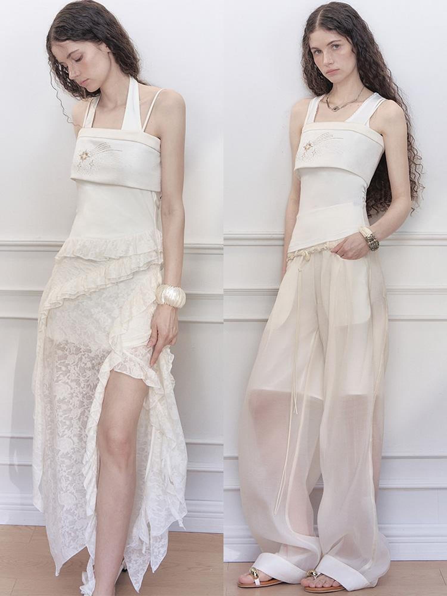 AnnoMundi Two Layer Lace Trimmed Knit Vest Summer Sleeveless Camisole Top