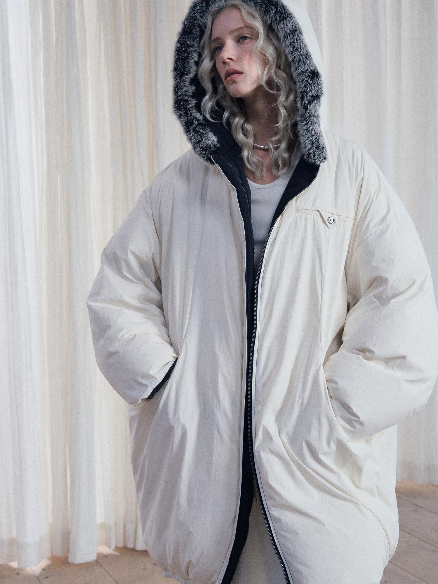 AnnoMundi Two Sided Puffer Coat with Rabbit Fur Hood