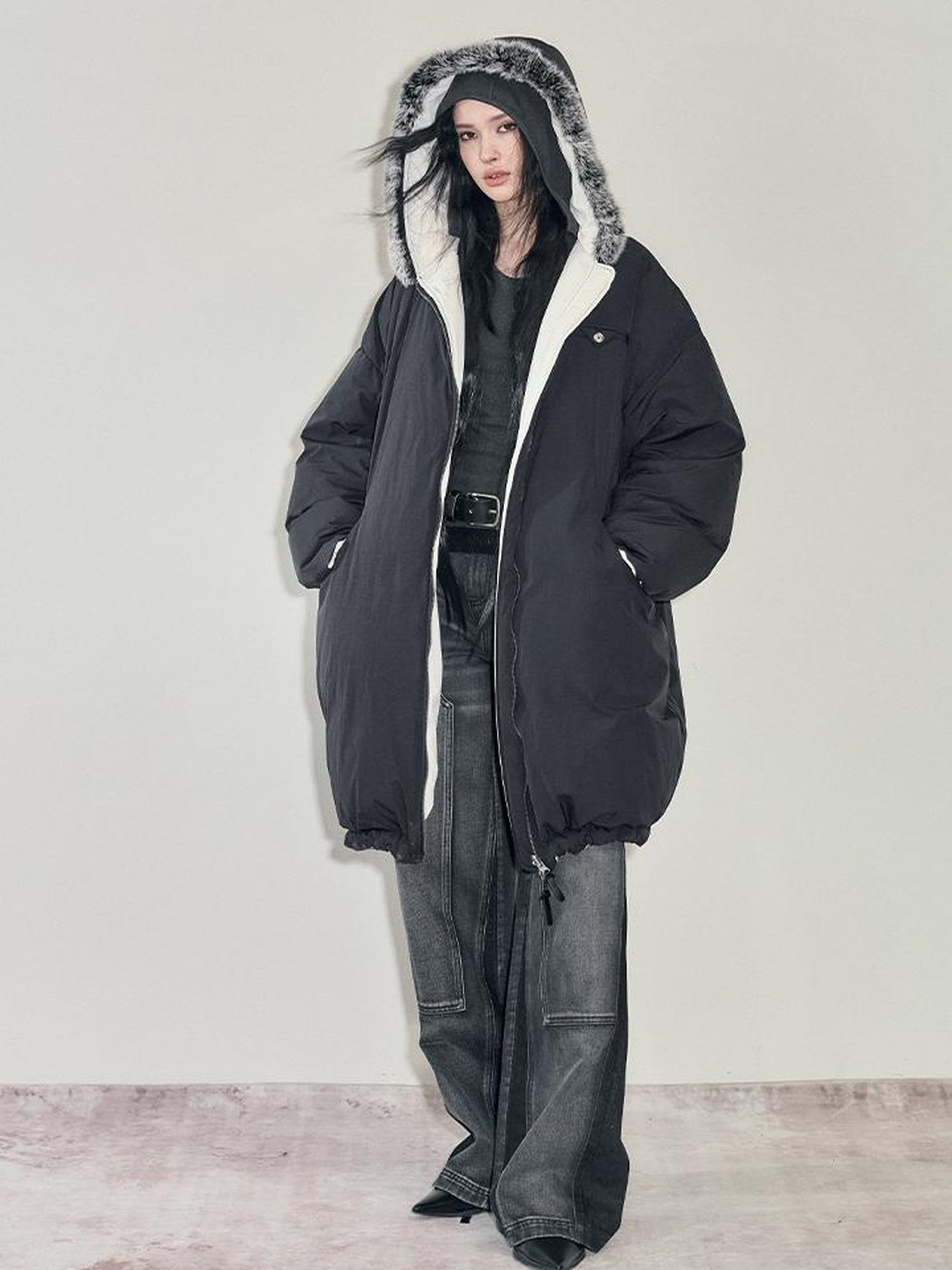 AnnoMundi Two Sided Puffer Coat with Rabbit Fur Hood