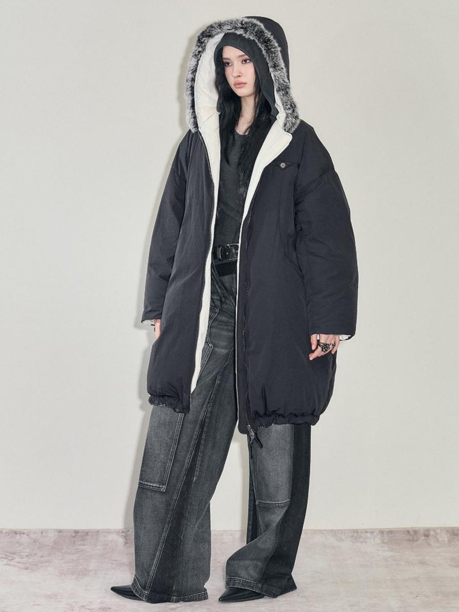 AnnoMundi Two Sided Puffer Coat with Rabbit Fur Hood
