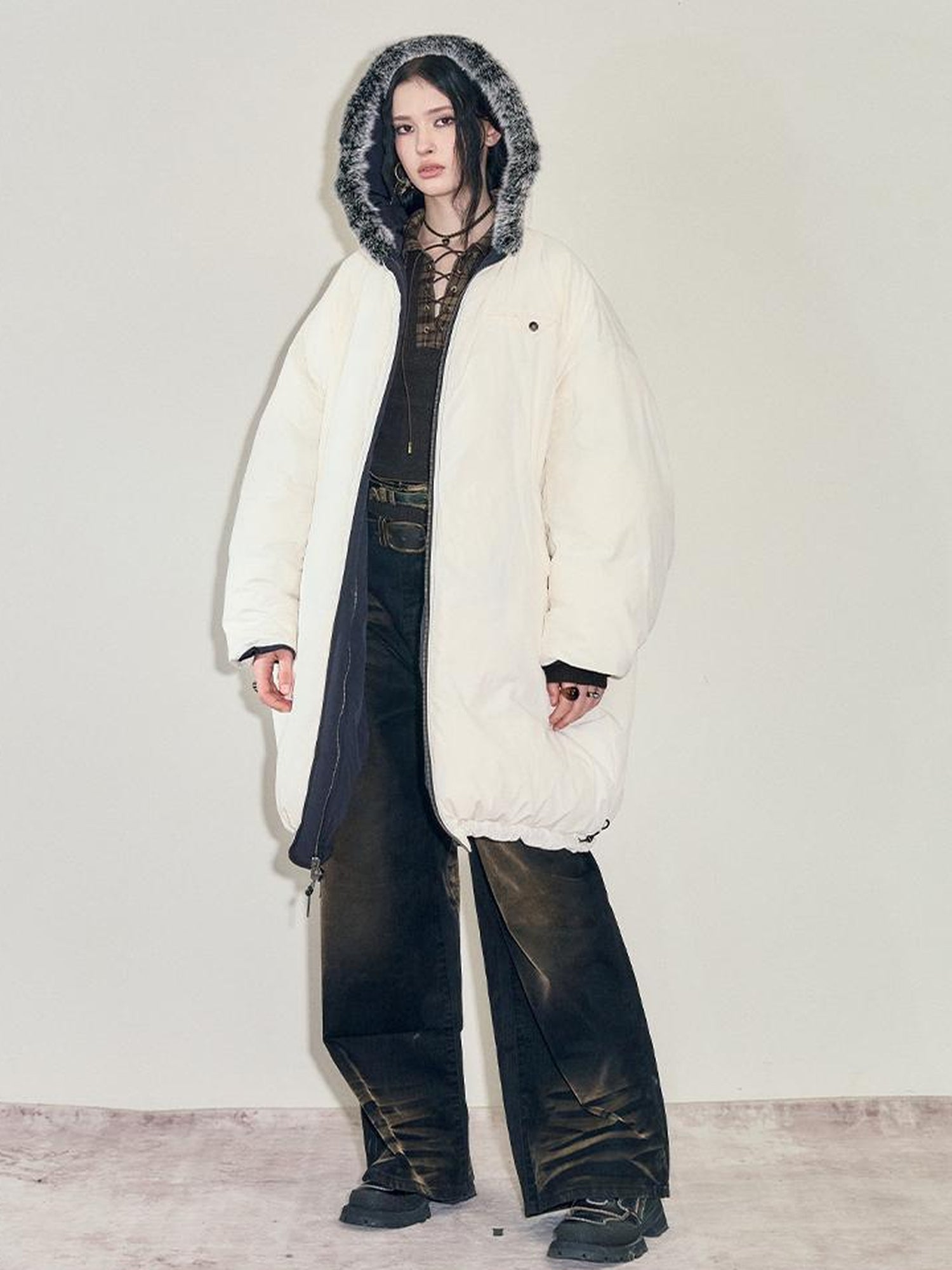 AnnoMundi Two Sided Puffer Coat with Rabbit Fur Hood