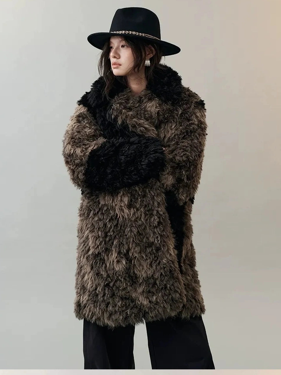 AnnoMundi Two Tone Long Fur Coat With Wide Lapel Jacket