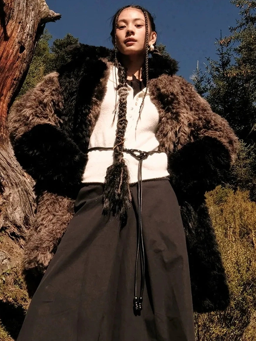 AnnoMundi Two Tone Long Fur Coat With Wide Lapel Jacket