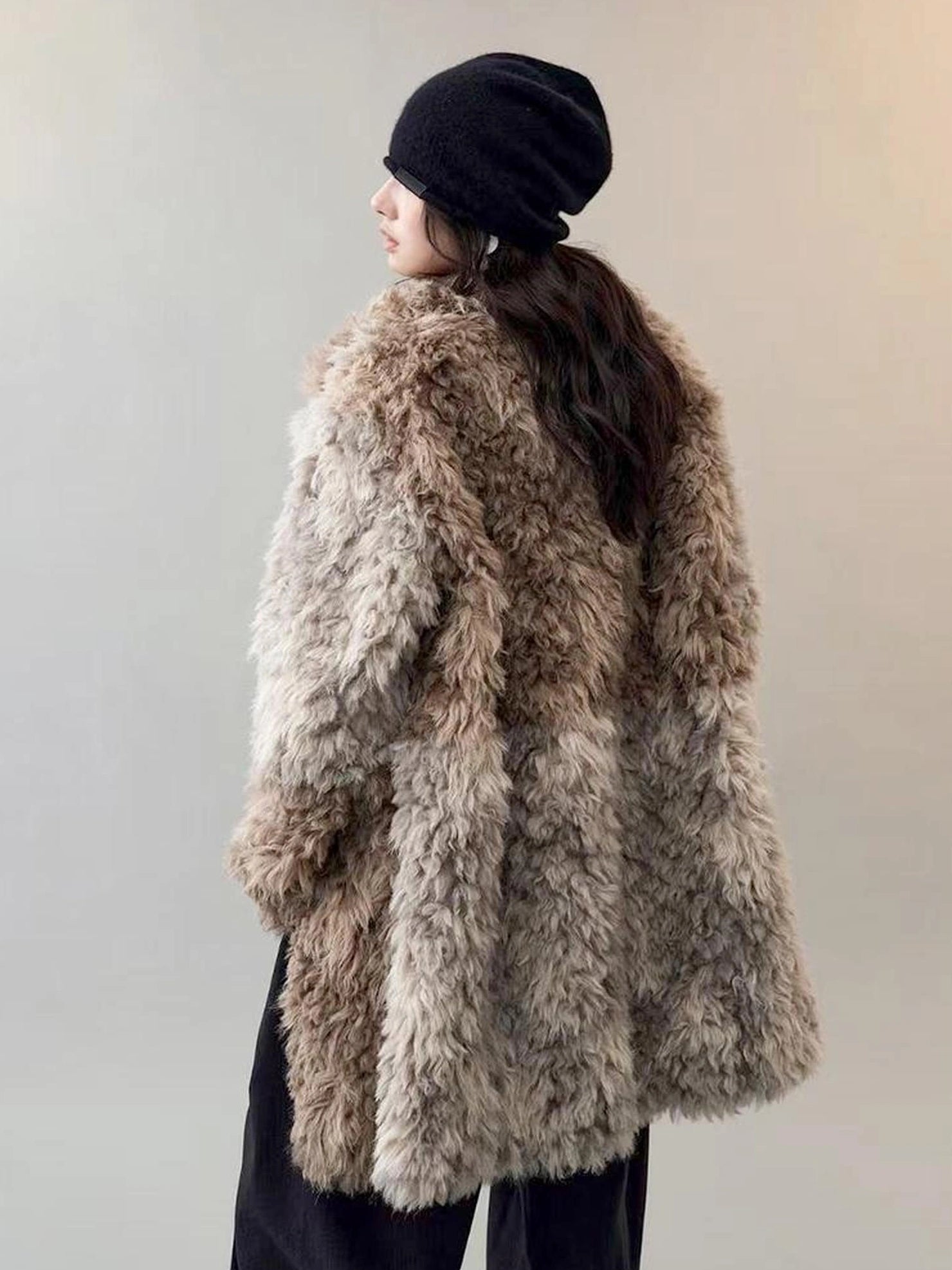 AnnoMundi Two Tone Long Fur Coat With Wide Lapel Jacket