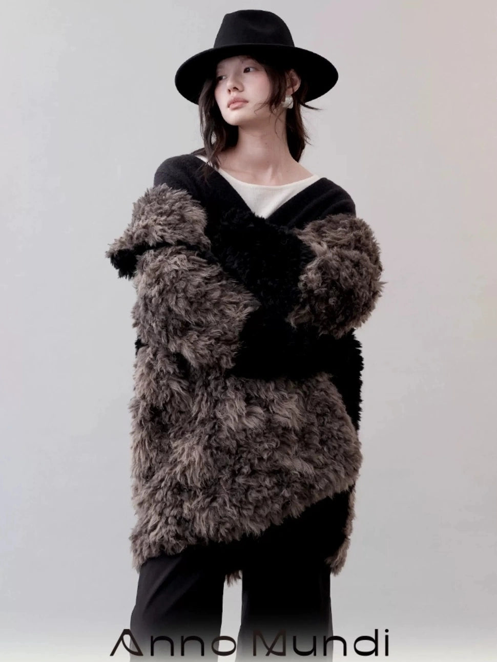 AnnoMundi Two Tone Long Fur Coat With Wide Lapel Jacket