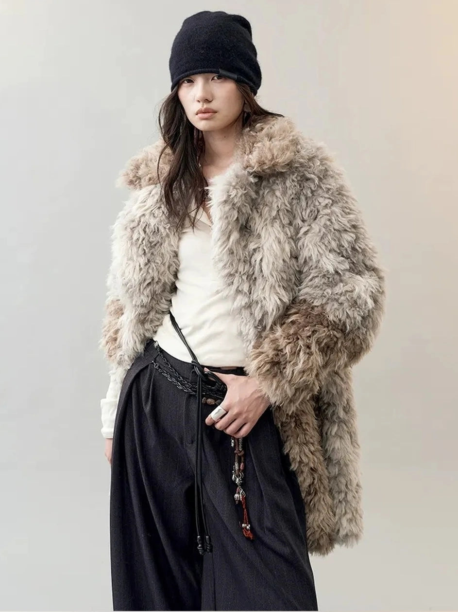 AnnoMundi Two Tone Long Fur Coat With Wide Lapel Jacket