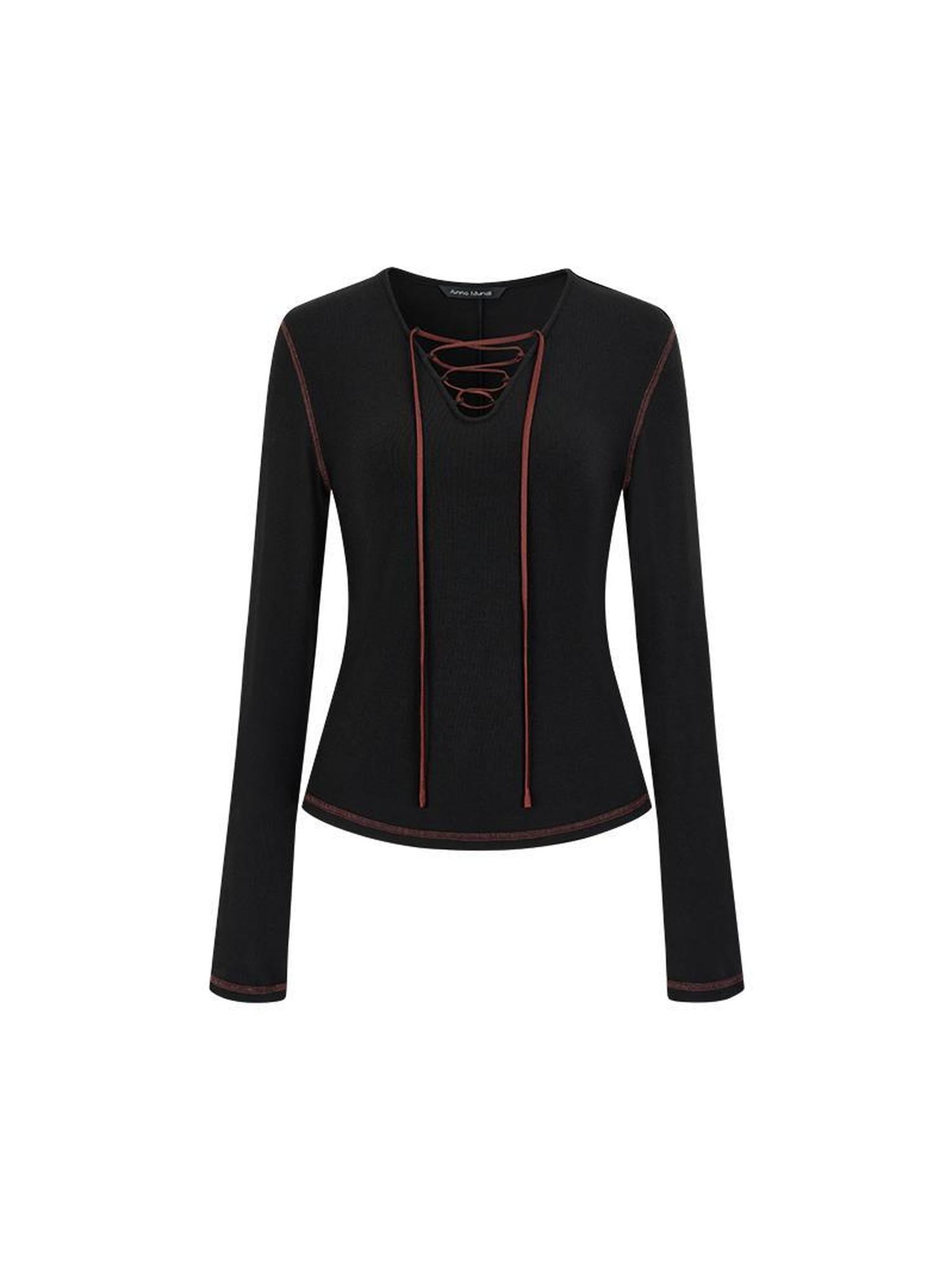 AnnoMundi V-Neck Contrast Tie Side Slit Stretch Knit Tee