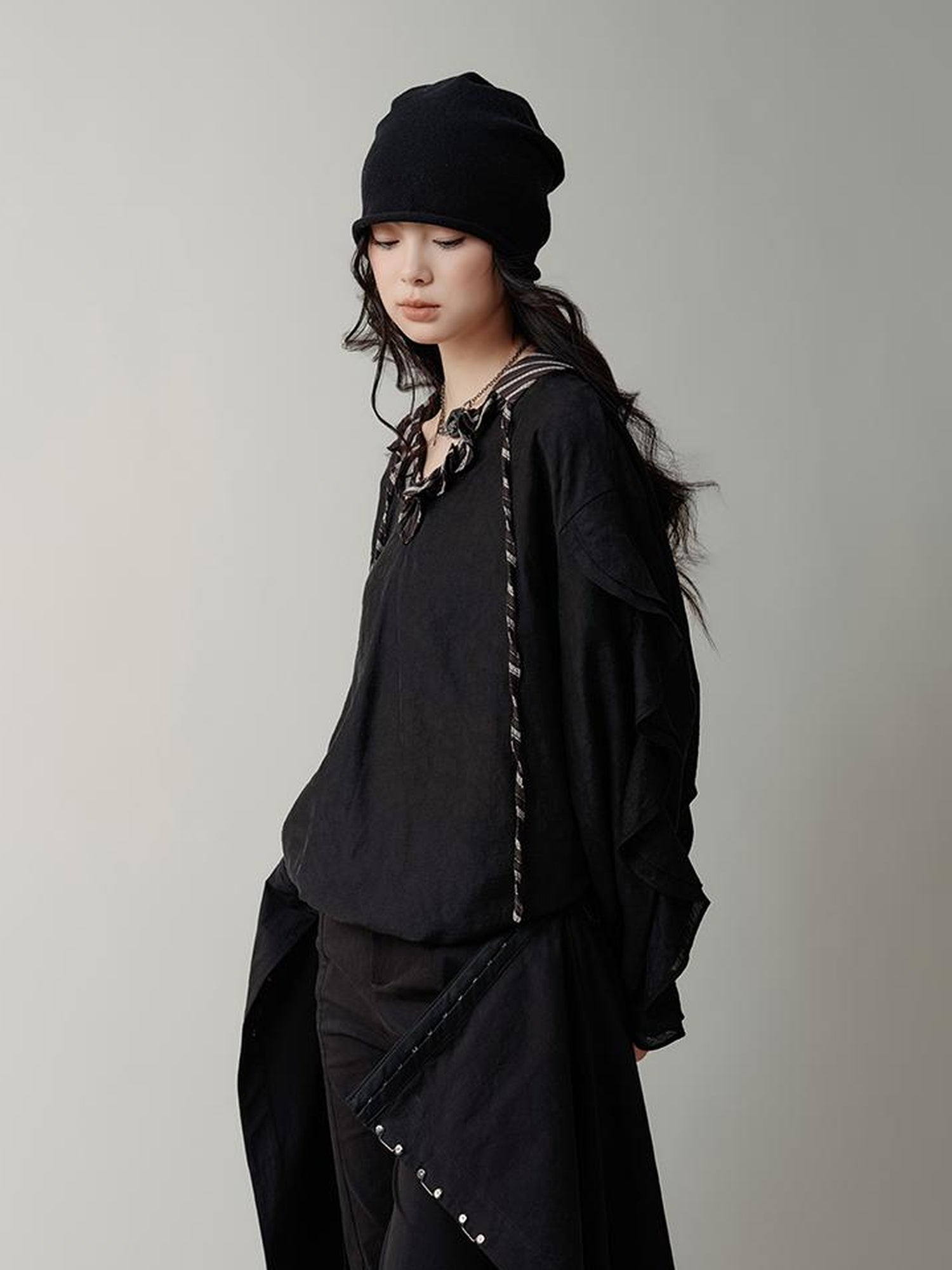 AnnoMundi V-Neck Stripe Tied Hem Chiffon Blouse With Ruffle Sleeves