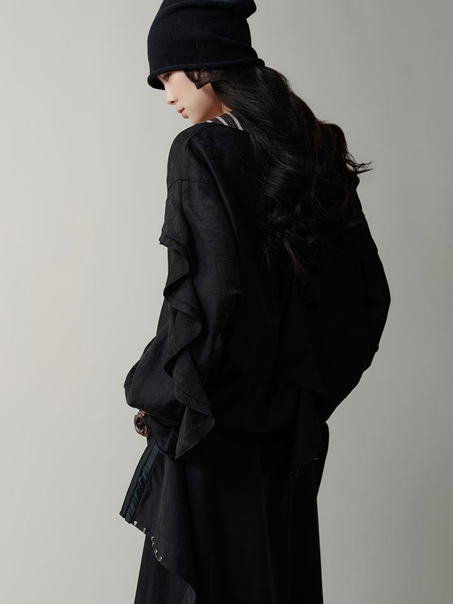 AnnoMundi V-Neck Stripe Tied Hem Chiffon Blouse With Ruffle Sleeves