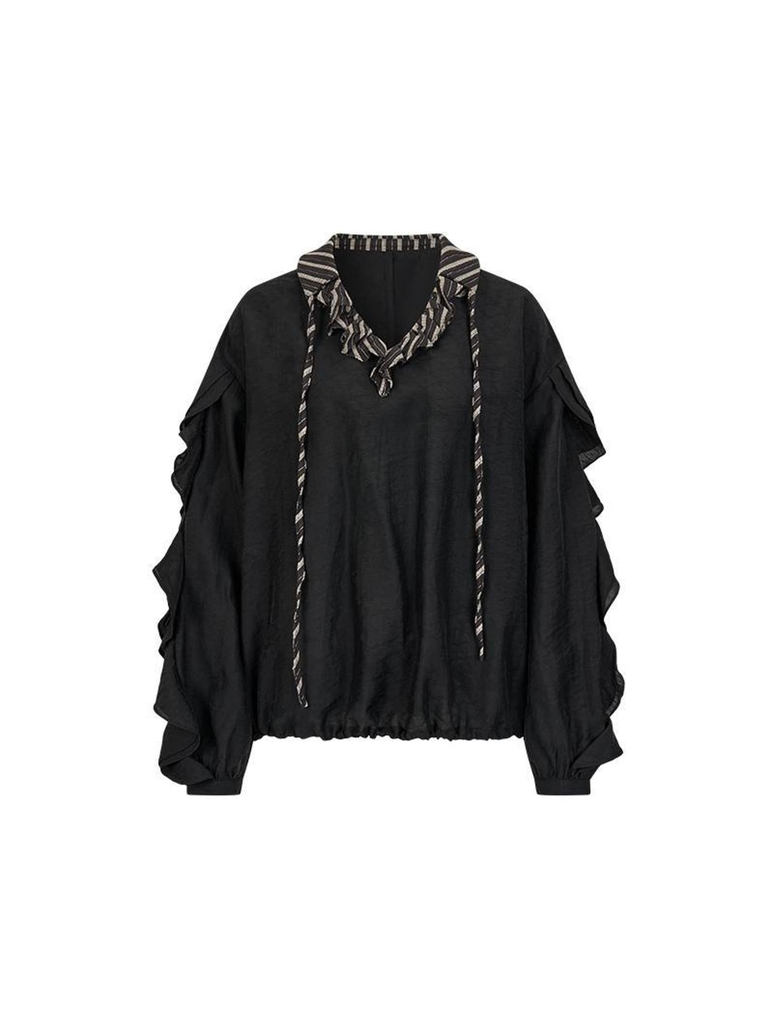 AnnoMundi V-Neck Stripe Tied Hem Chiffon Blouse With Ruffle Sleeves