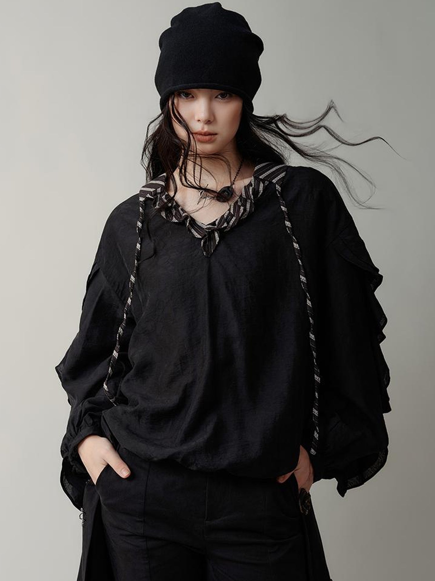 AnnoMundi V-Neck Stripe Tied Hem Chiffon Blouse With Ruffle Sleeves