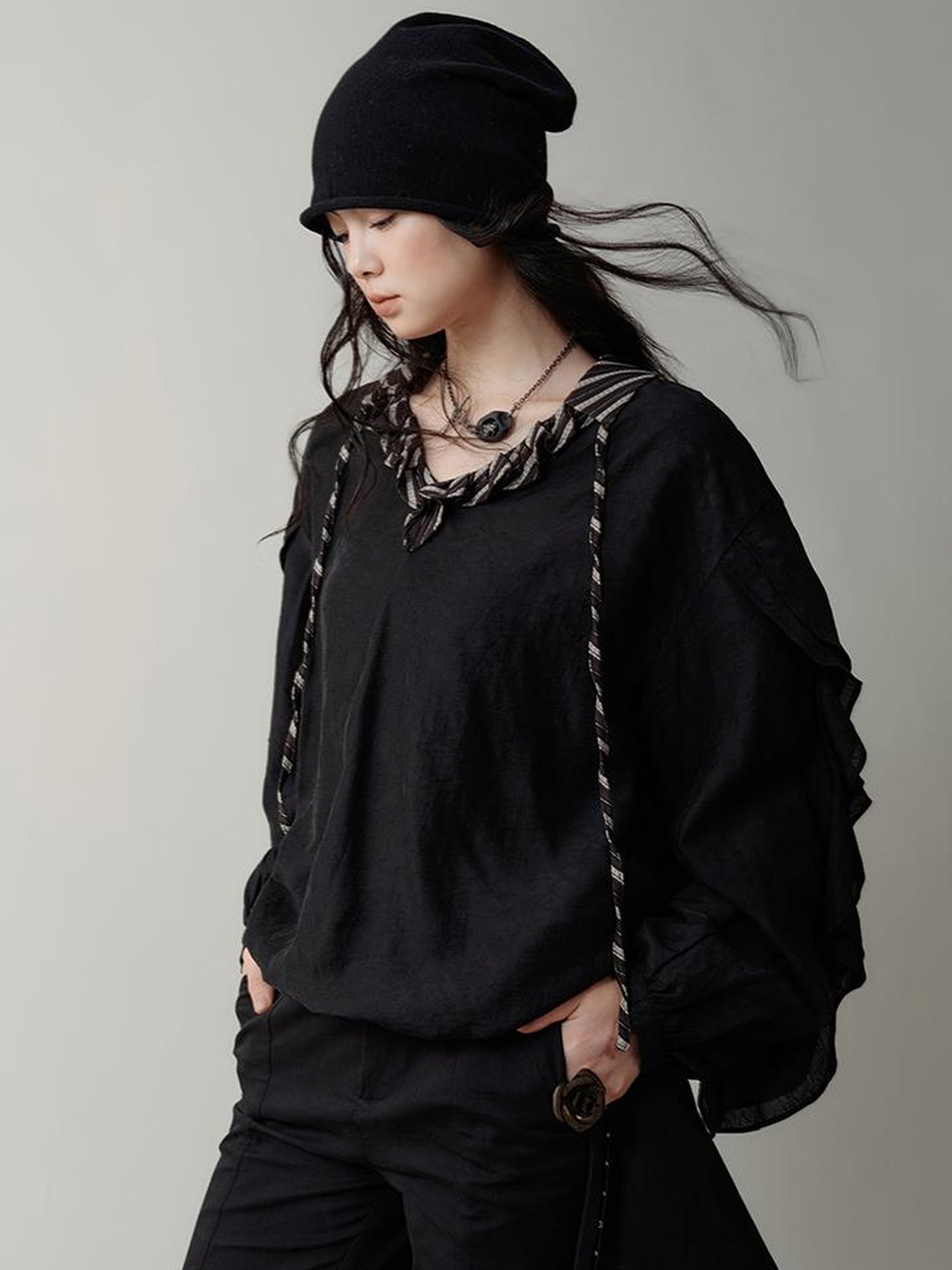 AnnoMundi V-Neck Stripe Tied Hem Chiffon Blouse With Ruffle Sleeves
