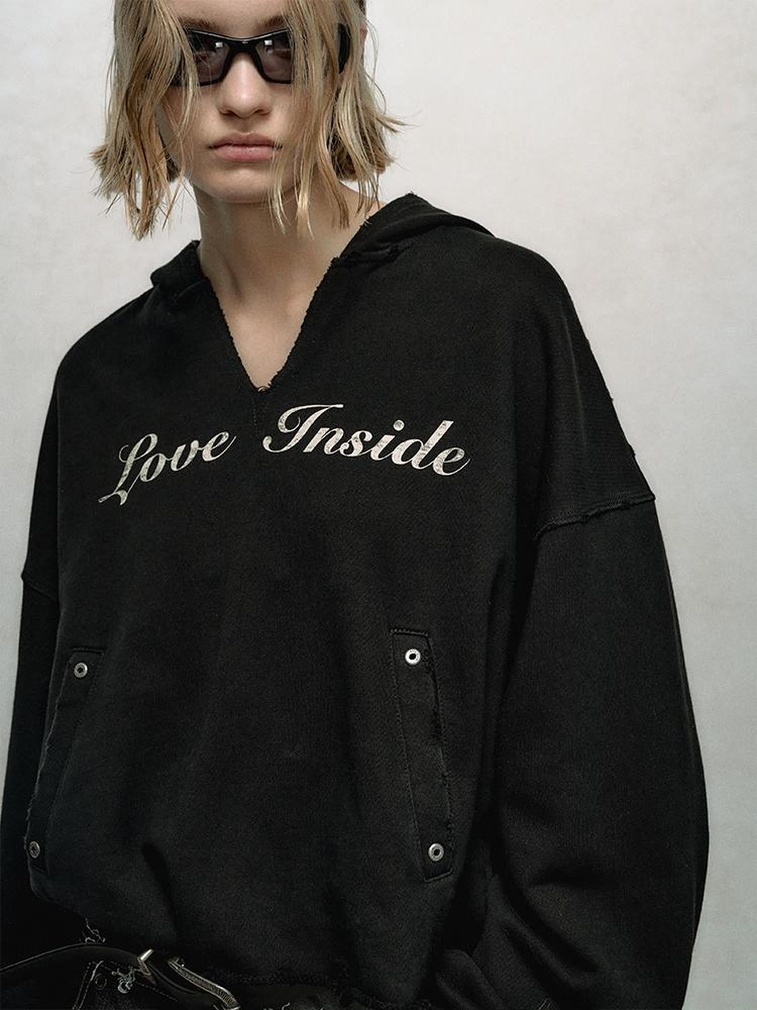 AnnoMundi V-Neck Washed Distressed Hoodie Cropped Pullover