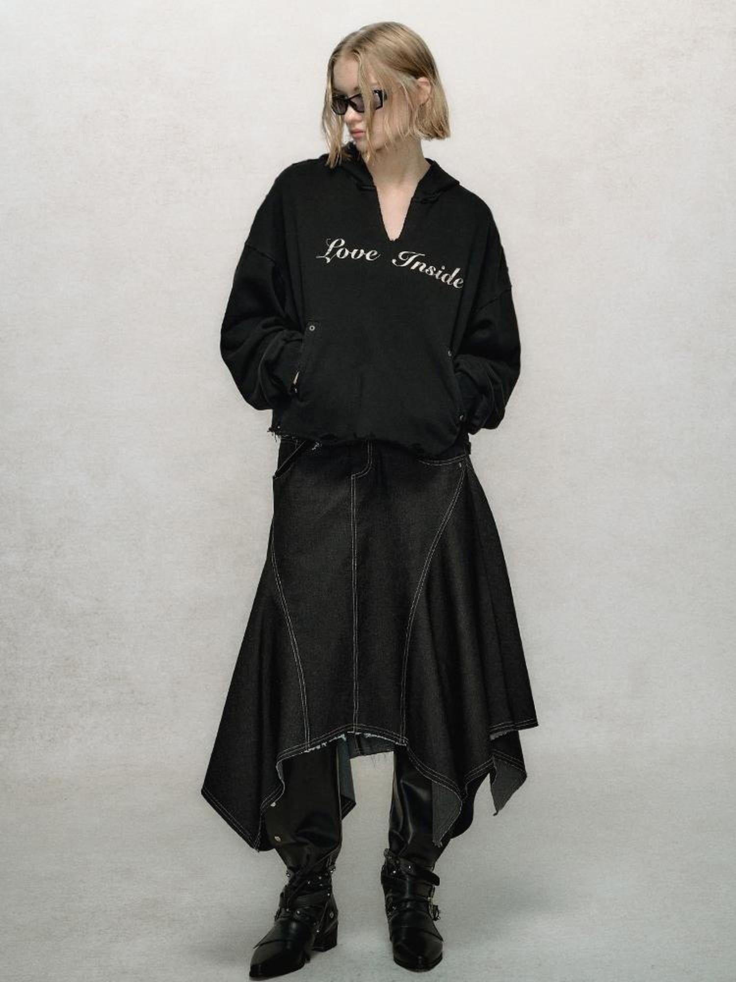 AnnoMundi V-Neck Washed Distressed Hoodie Cropped Pullover