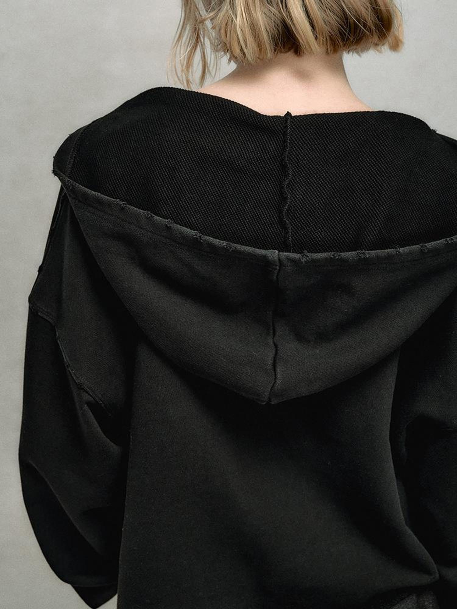 AnnoMundi V-Neck Washed Distressed Hoodie Cropped Pullover