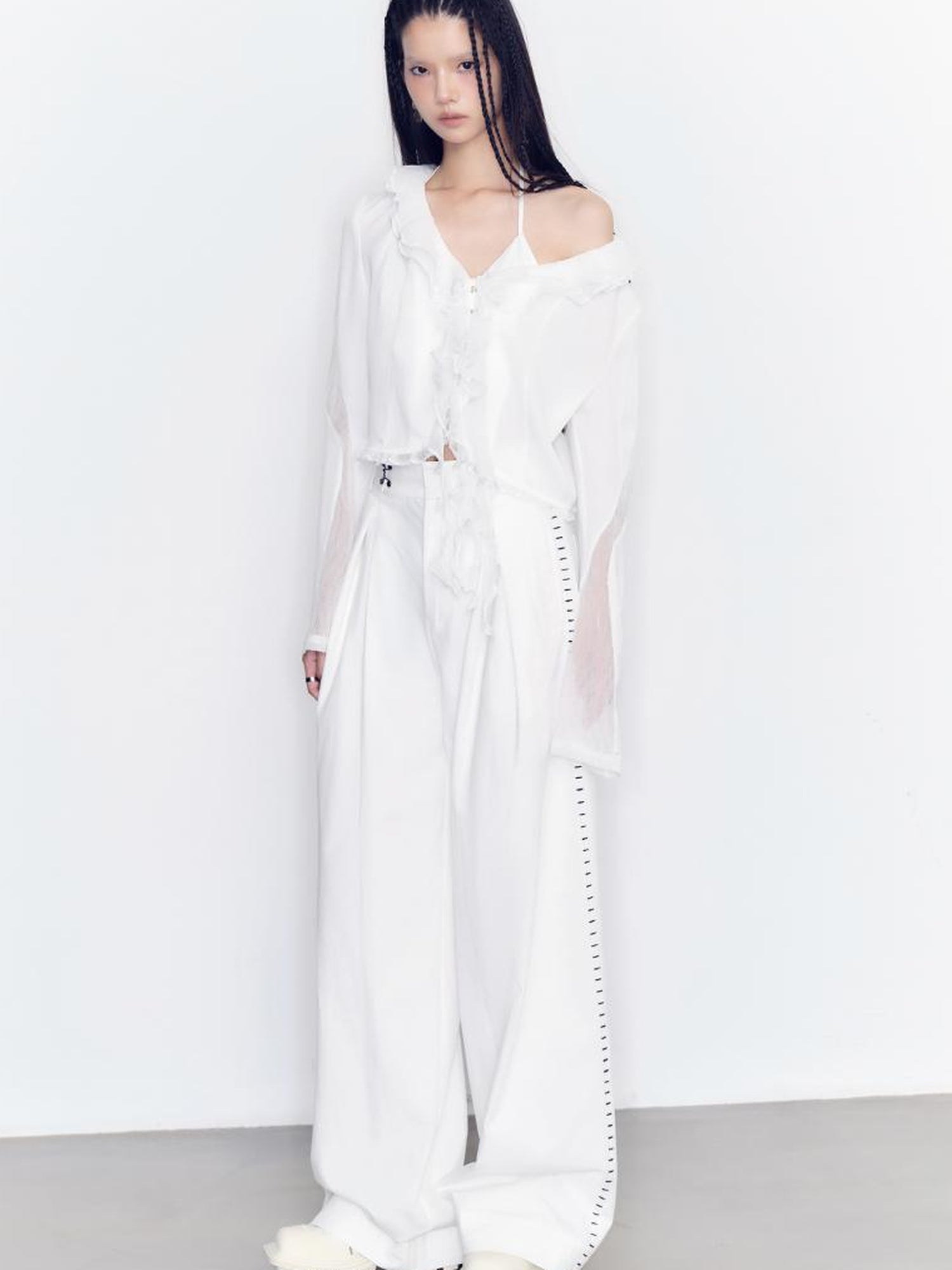 AnnoMundi V-neck Wave Texture Blouse with Ruffle Trim