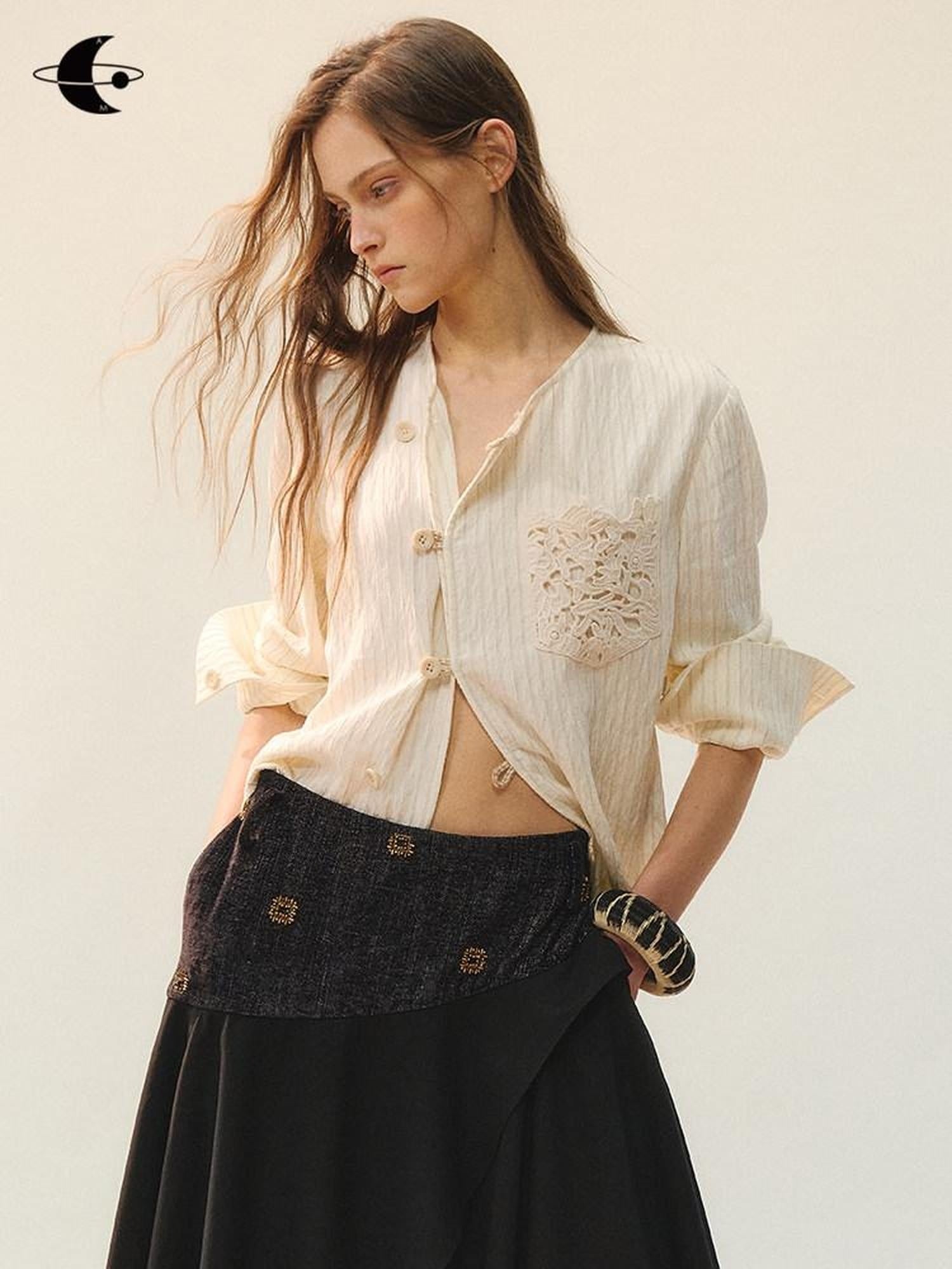AnnoMundi Vintage Loose Viscose Patchwork Long Sleeve Women Cream Stripe Blouse