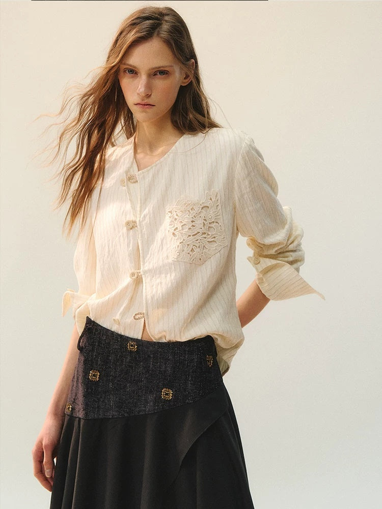 AnnoMundi Vintage Loose Viscose Patchwork Long Sleeve Women Cream Stripe Blouse