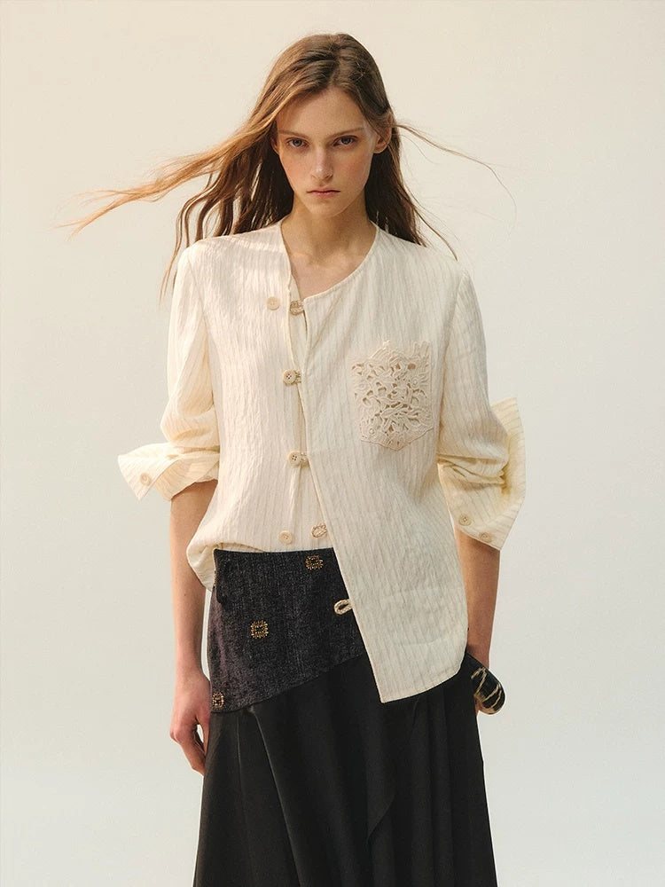 AnnoMundi Vintage Loose Viscose Patchwork Long Sleeve Women Cream Stripe Blouse