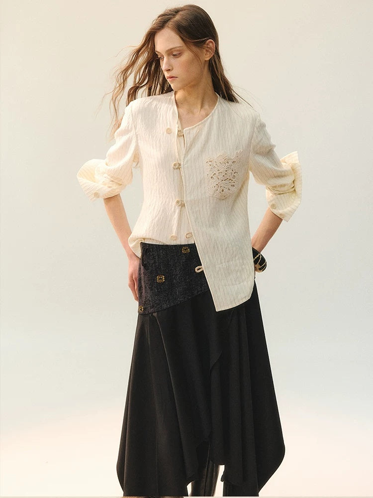 AnnoMundi Vintage Loose Viscose Patchwork Long Sleeve Women Cream Stripe Blouse