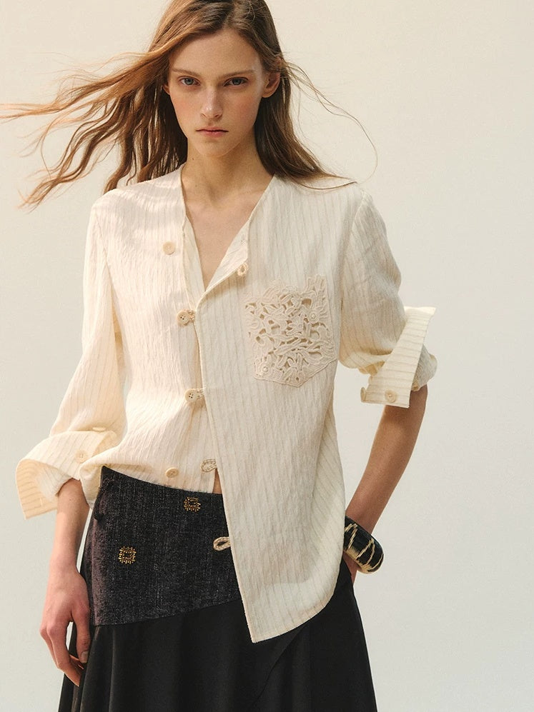 AnnoMundi Vintage Loose Viscose Patchwork Long Sleeve Women Cream Stripe Blouse