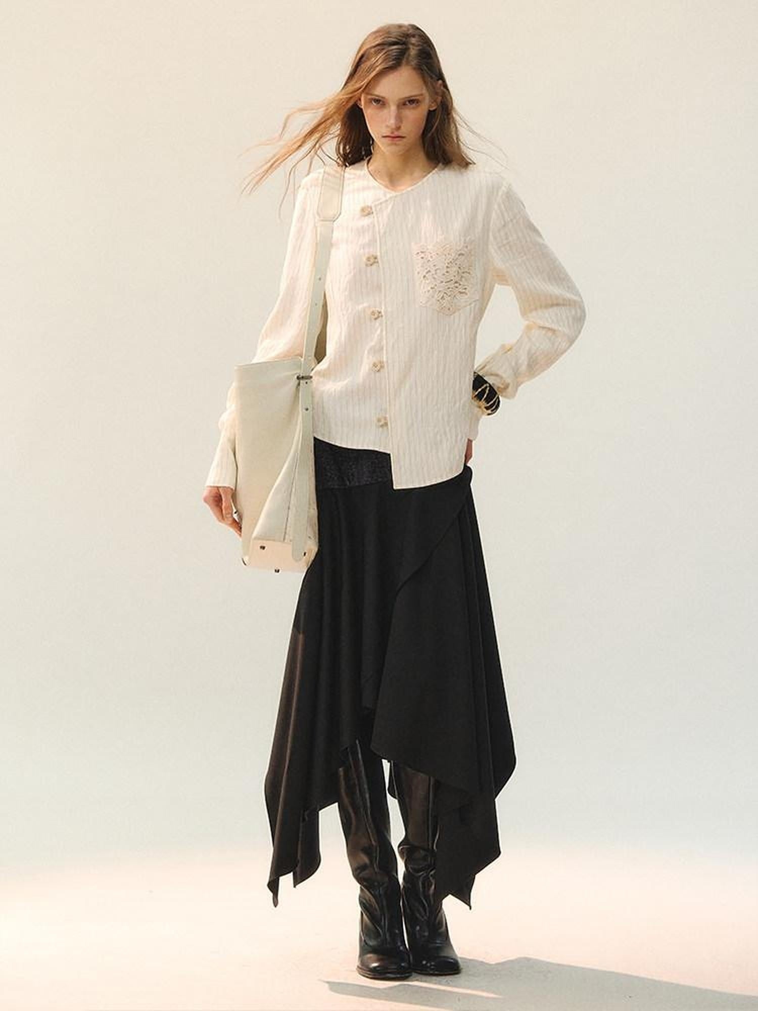 AnnoMundi Vintage Loose Viscose Patchwork Long Sleeve Women Cream Stripe Blouse