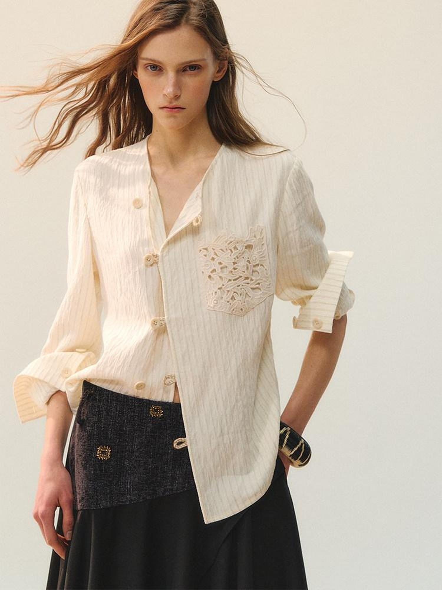 AnnoMundi Vintage Loose Viscose Patchwork Long Sleeve Women Cream Stripe Blouse