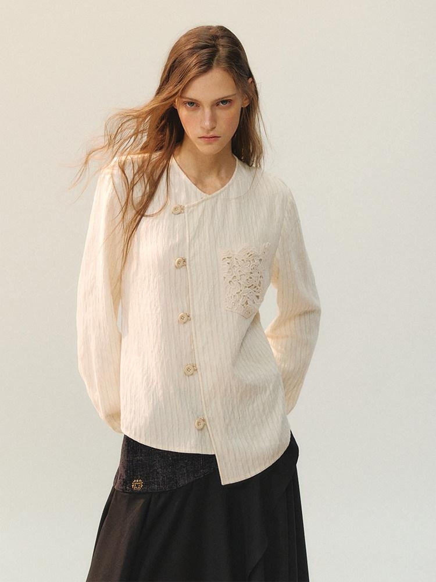 AnnoMundi Vintage Loose Viscose Patchwork Long Sleeve Women Cream Stripe Blouse
