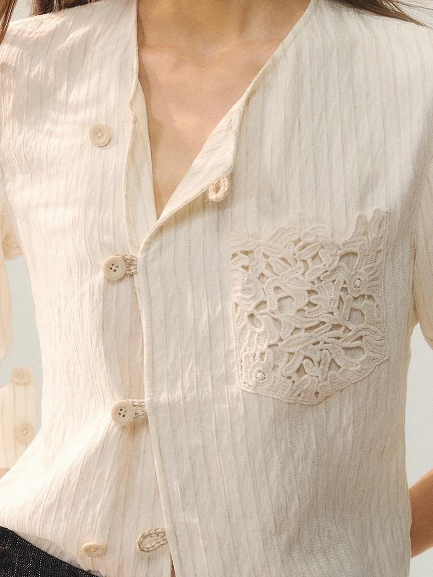 AnnoMundi Vintage Loose Viscose Patchwork Long Sleeve Women Cream Stripe Blouse