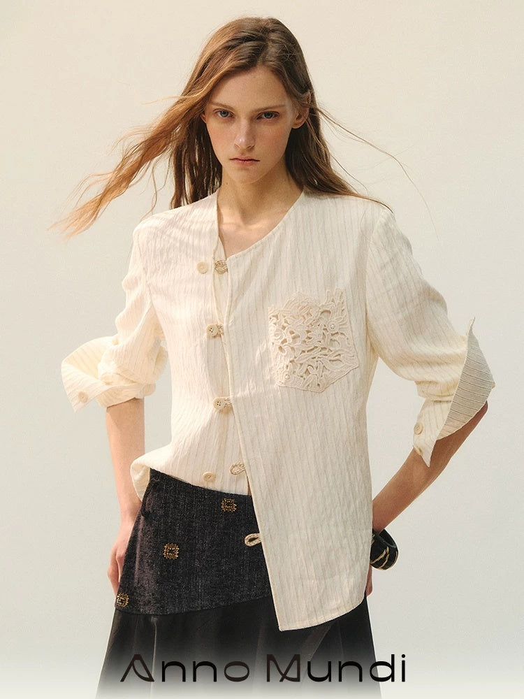 AnnoMundi Vintage Loose Viscose Patchwork Long Sleeve Women Cream Stripe Blouse