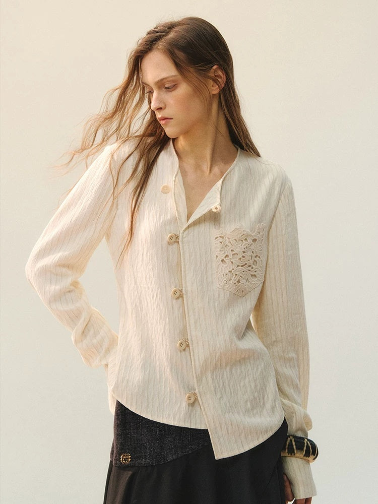 AnnoMundi Vintage Loose Viscose Patchwork Long Sleeve Women Cream Stripe Blouse