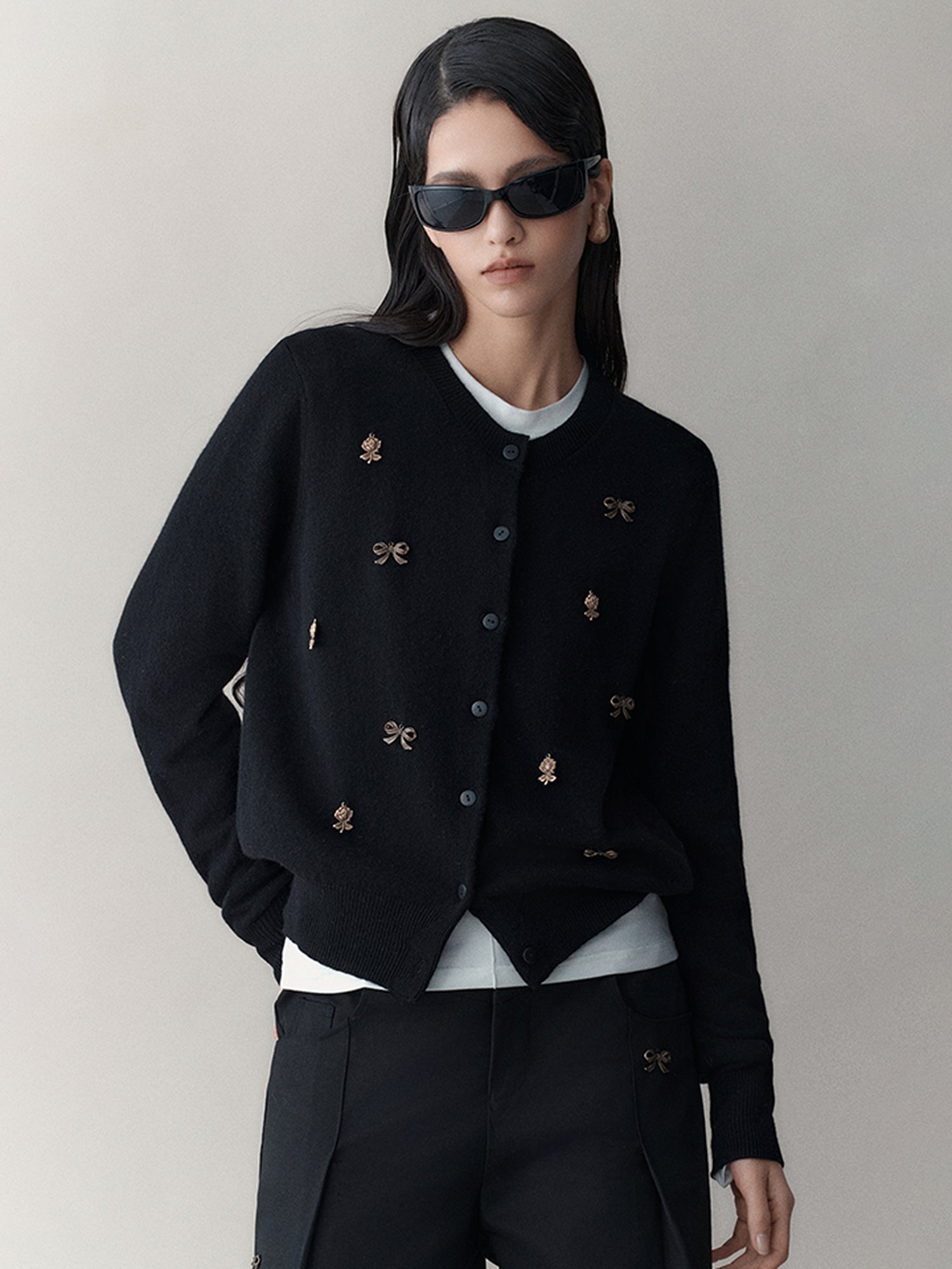AnnoMundi Vintage Noir Bow Knit Cardigan V Neck Long Sleeve Open Front Draped Tassel
